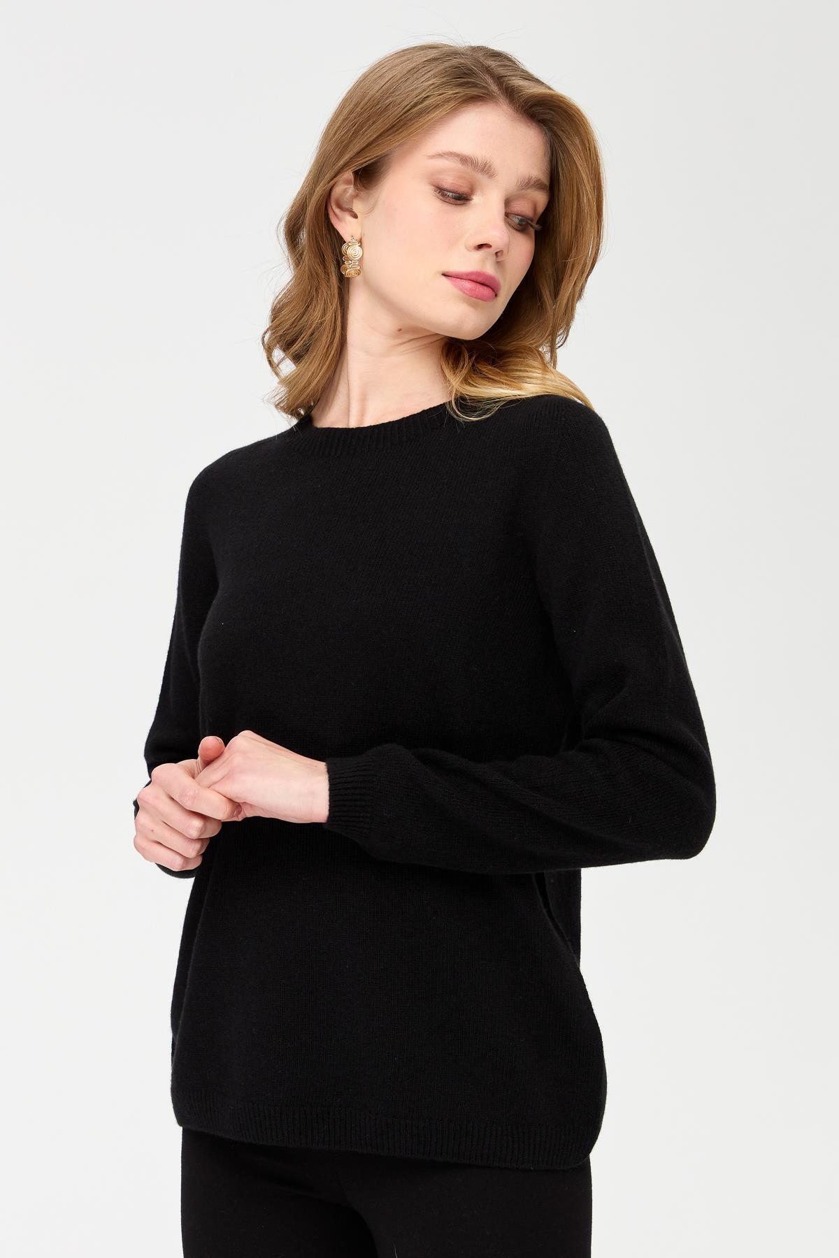 Desen Triko  Kadın Sıfır Yaka Klasik Yün Kazak Siyah - Görsel 3