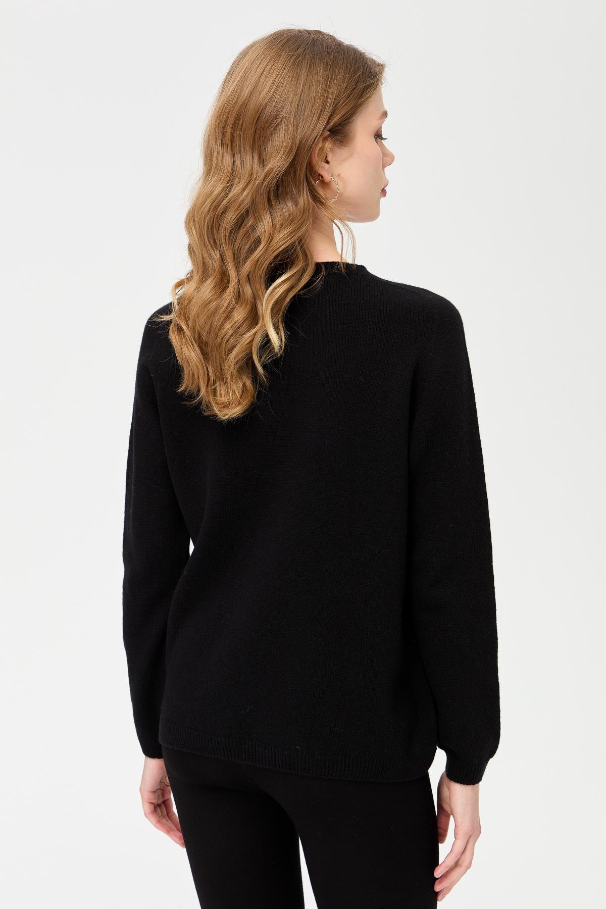 Desen Triko  Kadın Sıfır Yaka Klasik Yün Kazak Siyah - Görsel 6