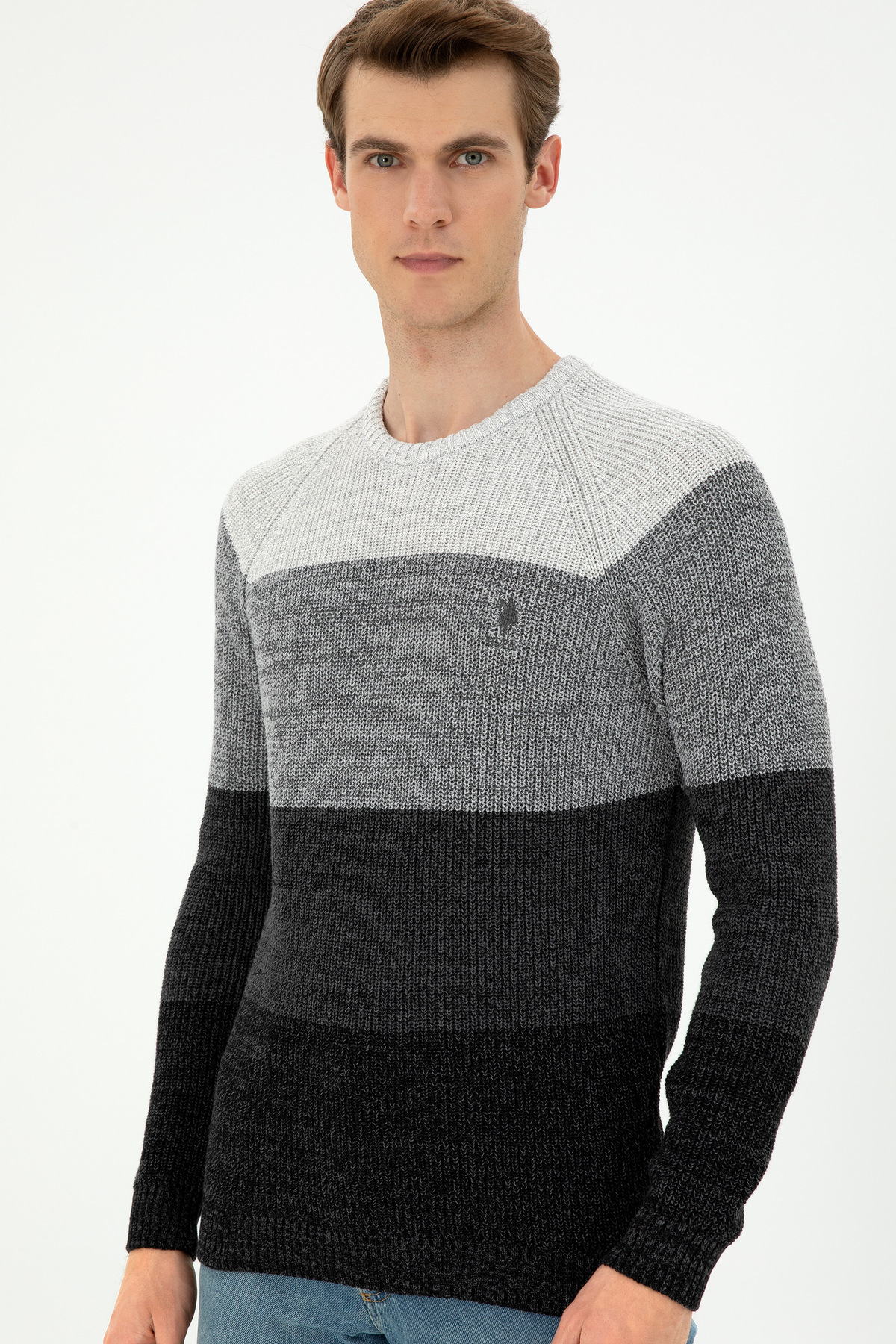 U.S. Polo Assn. Erkek Slim Fit Bisiklet Yaka Antrasit Melanj Kazak 50293017-VR081 görsel 3
