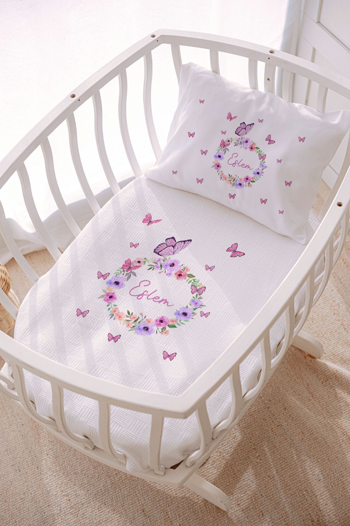 Personalized 70x120 Park Bed And Mother Side Quilting Set Butterfly