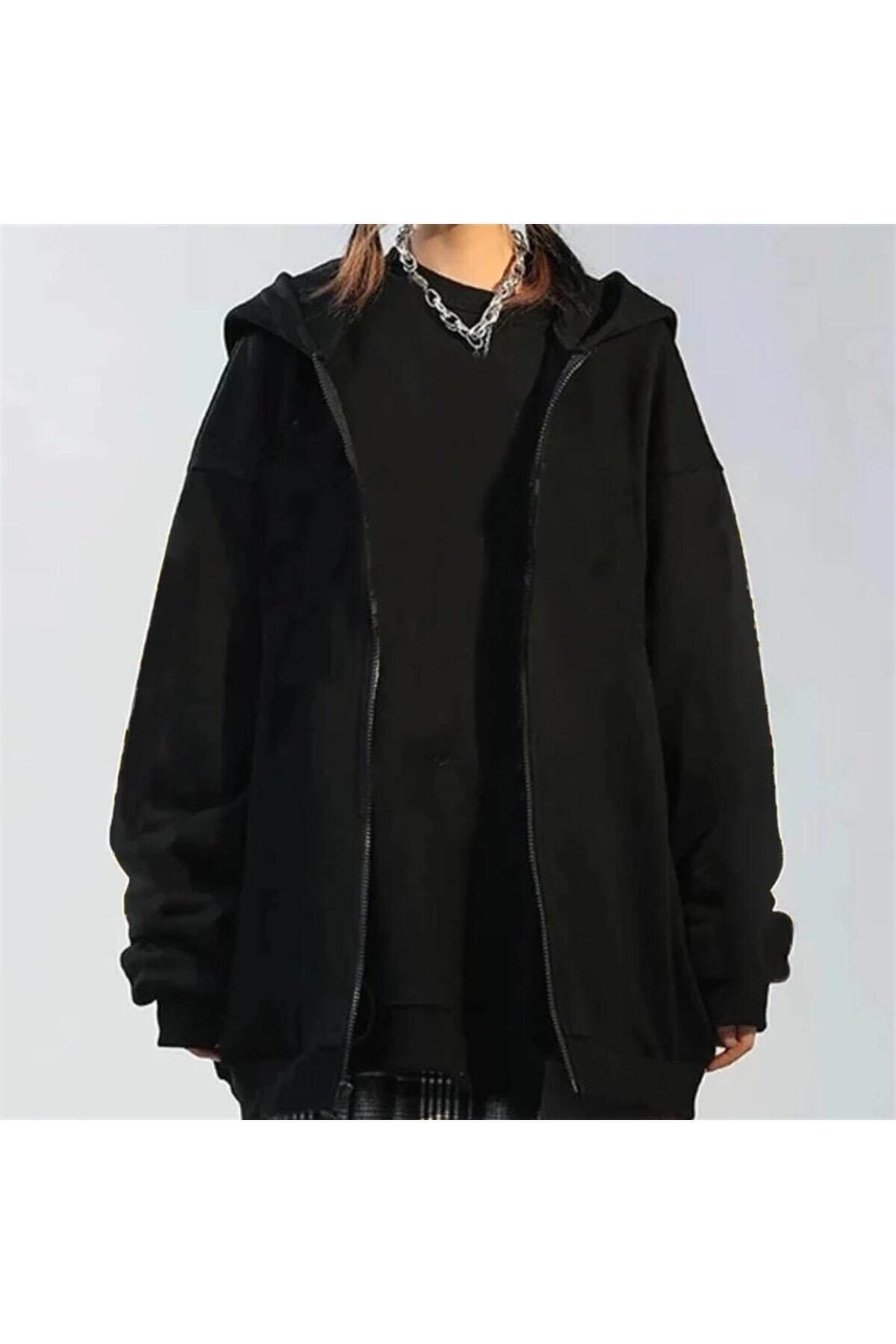 Wolfers Outdoors Düz Siyah Unisex Oversize (3 İPLİK) Kalın Kışlık Içi Polarlı Hırka görsel 4
