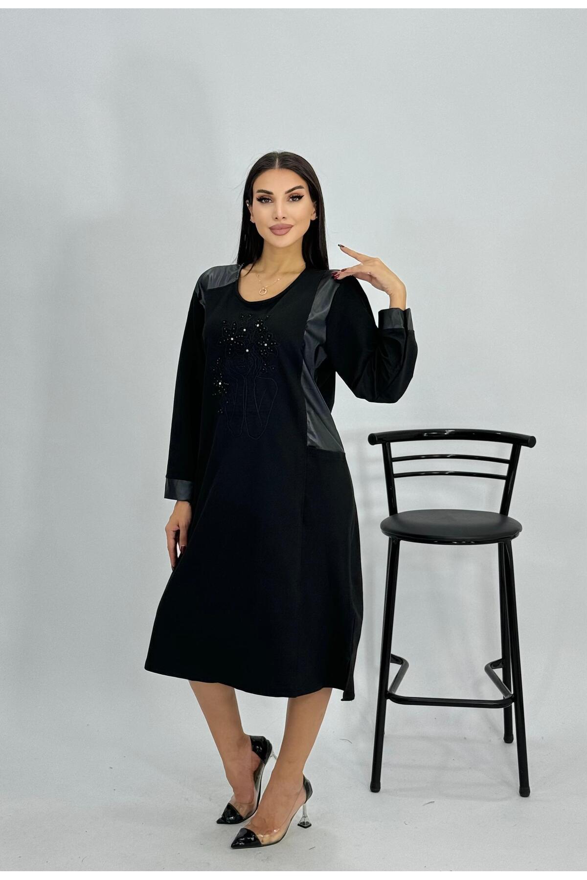 STELLETO Deri Detaylı Nakışlı Büyük Beden Tunik