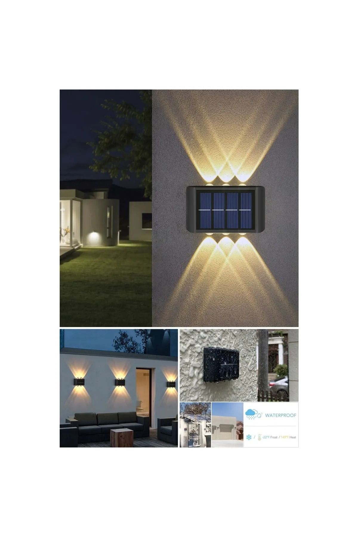 AKIN PAZAR 2 Adet - Modern 6 Ledli Solar Çift Taraflı Aplik Güneş Enerjili Duvar Aydınlatma Lambası