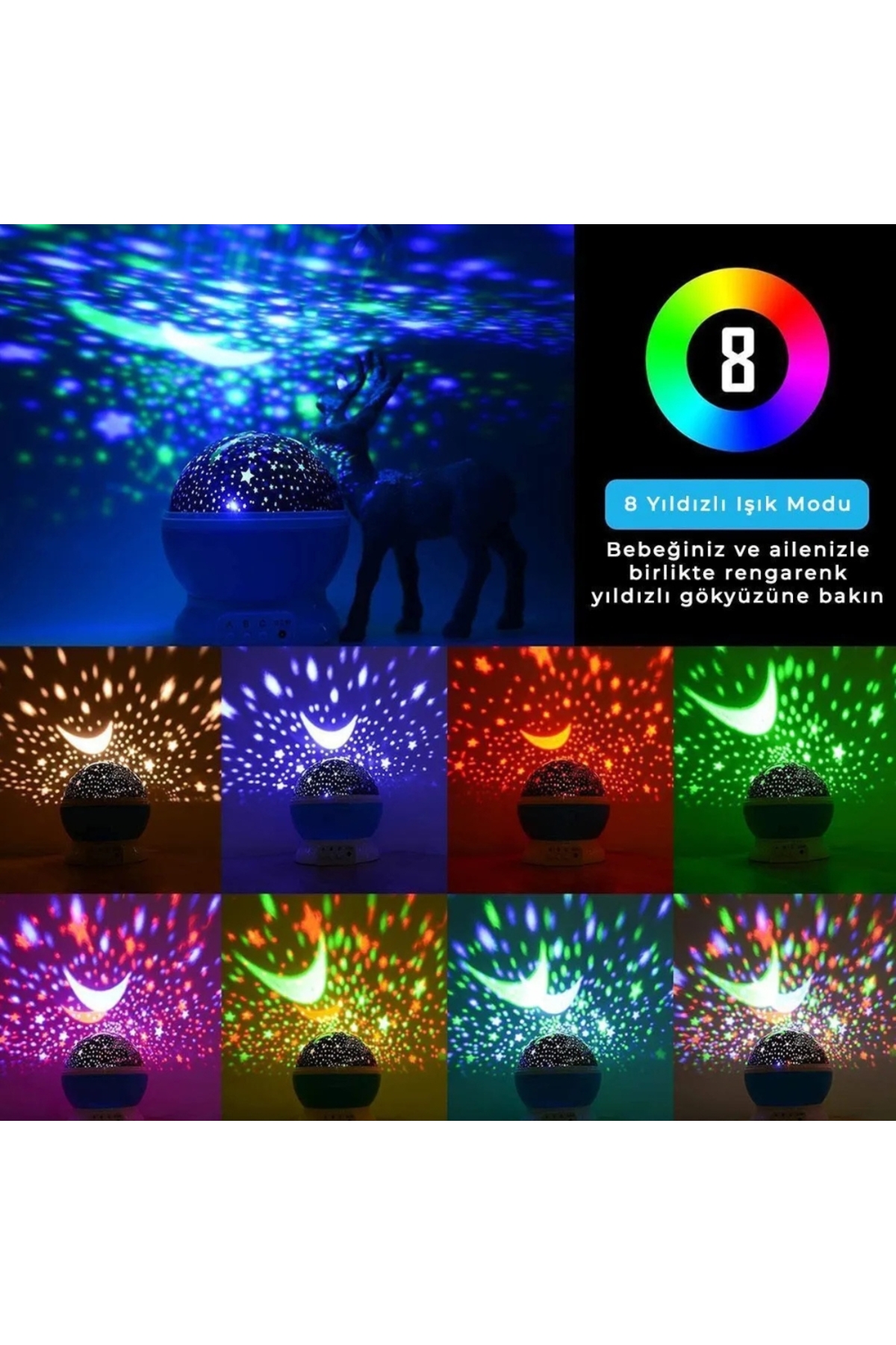 Genel Markalar Dönen Projeksiyon Led Işıklı Ay Yıldızlı Gece Lambası Çocuk,Bebek,Genç Odası ve Hediyelik Çok Amaçlı fotoğrafı 4 (önizleme)