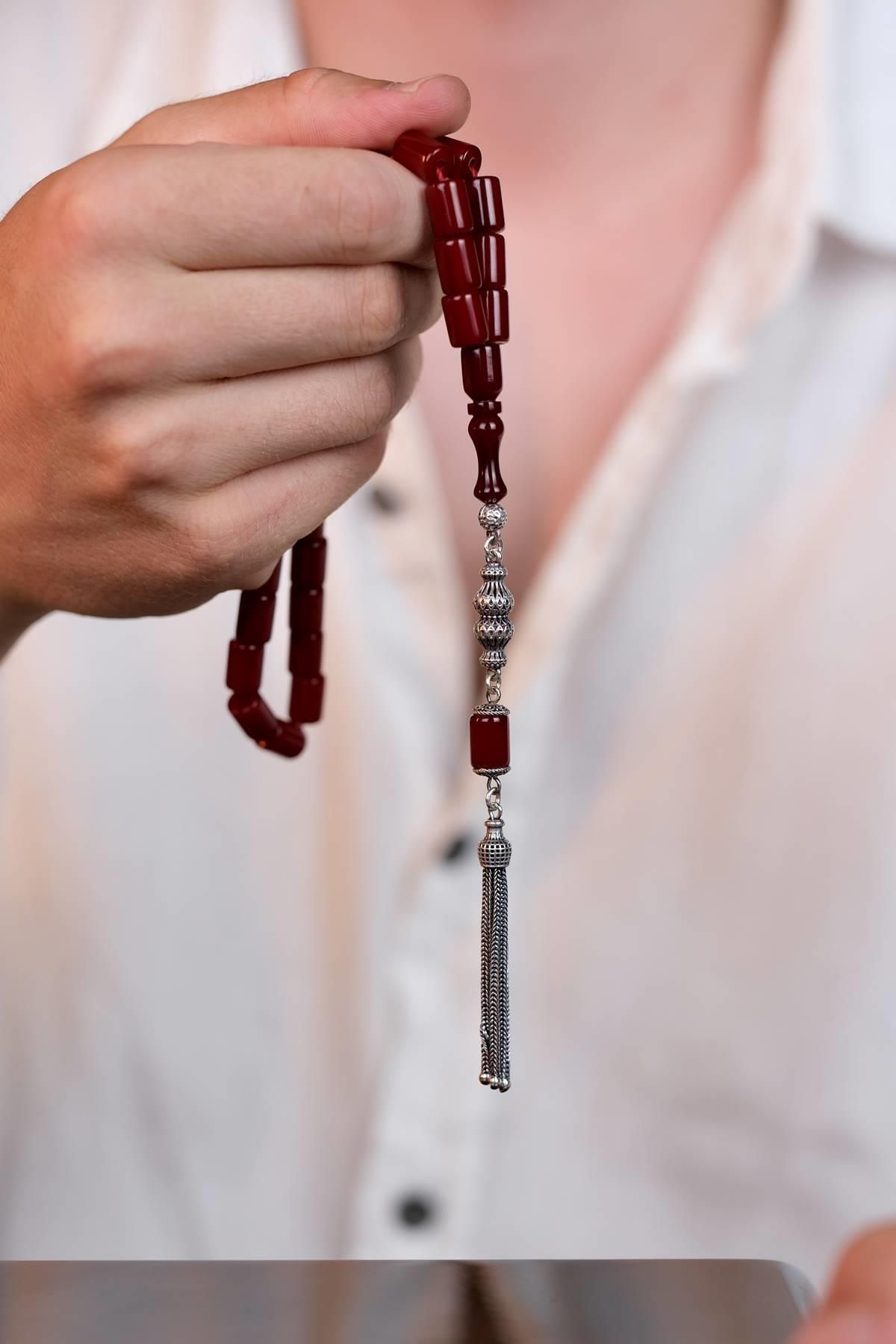 dergah tesbih-Silver Colored Ottoman Model Clamping Amber Design 2