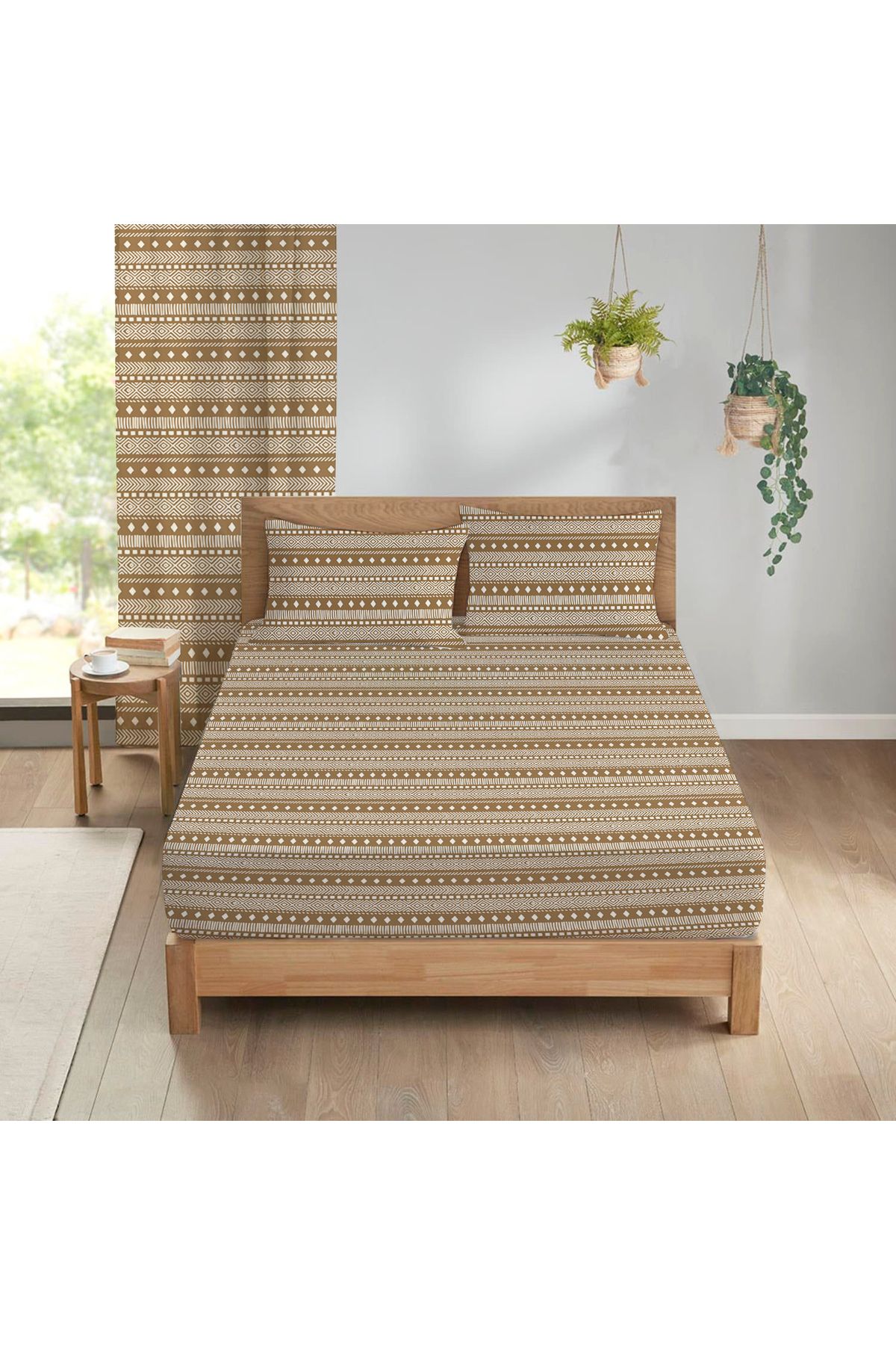 Evmila-Set cearșafuri elastice cu model geometric dublu galben - 160x200 cm 1