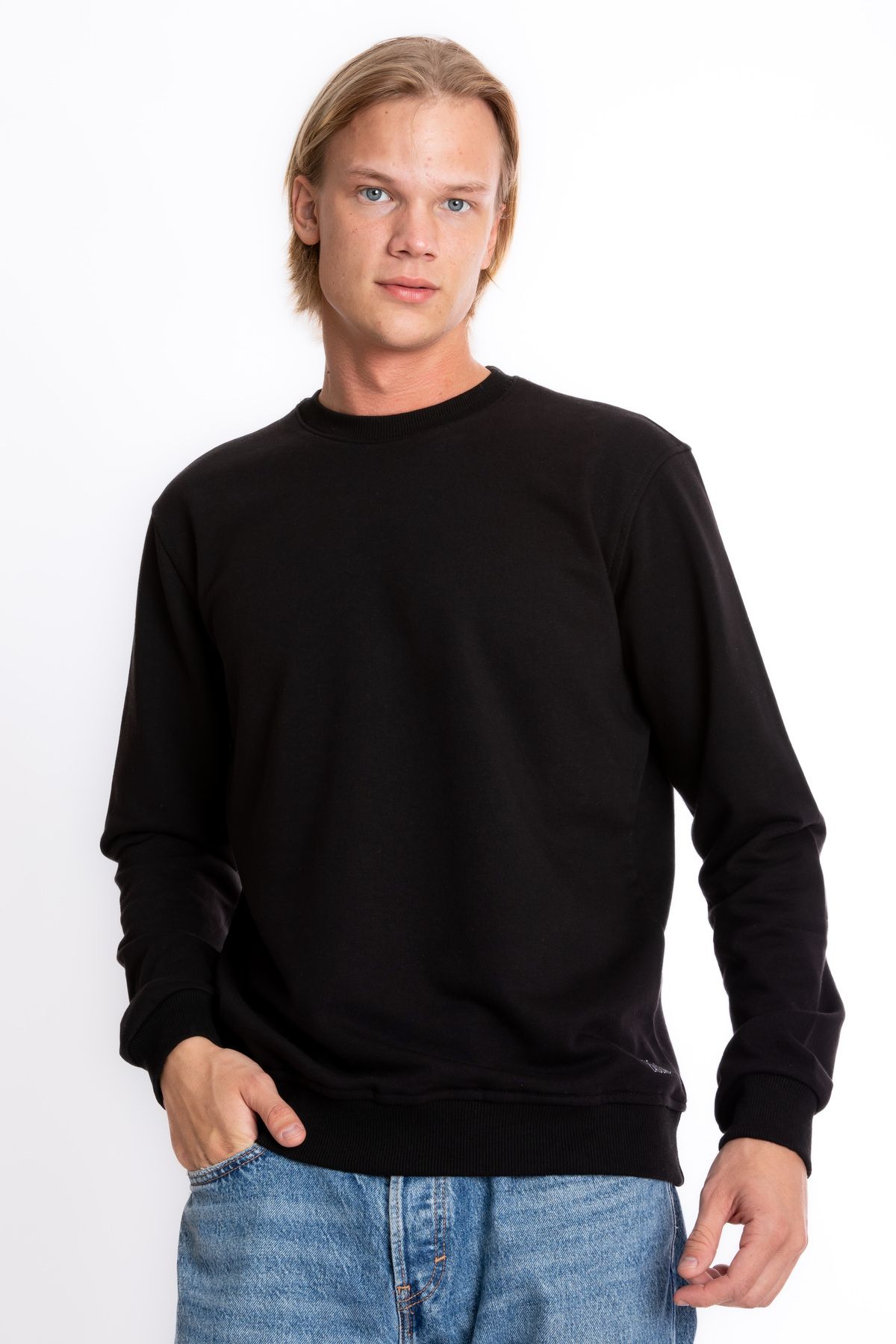 Giyimod Erkek SİYAH Bisiklet Yaka 3 iplik Şardonsuz Polarsız Sweatshirt S-205