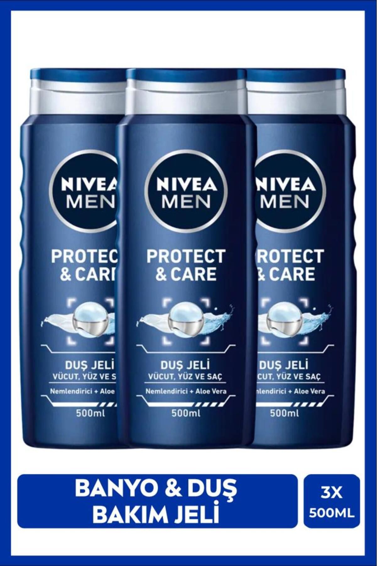 NIVEA Men Erkek Banyo Ve Duş Jeli Protect&care 500ml, Vücut Saç Yüz Için, Aloe Vera, Nemlendirici, X3 Adet