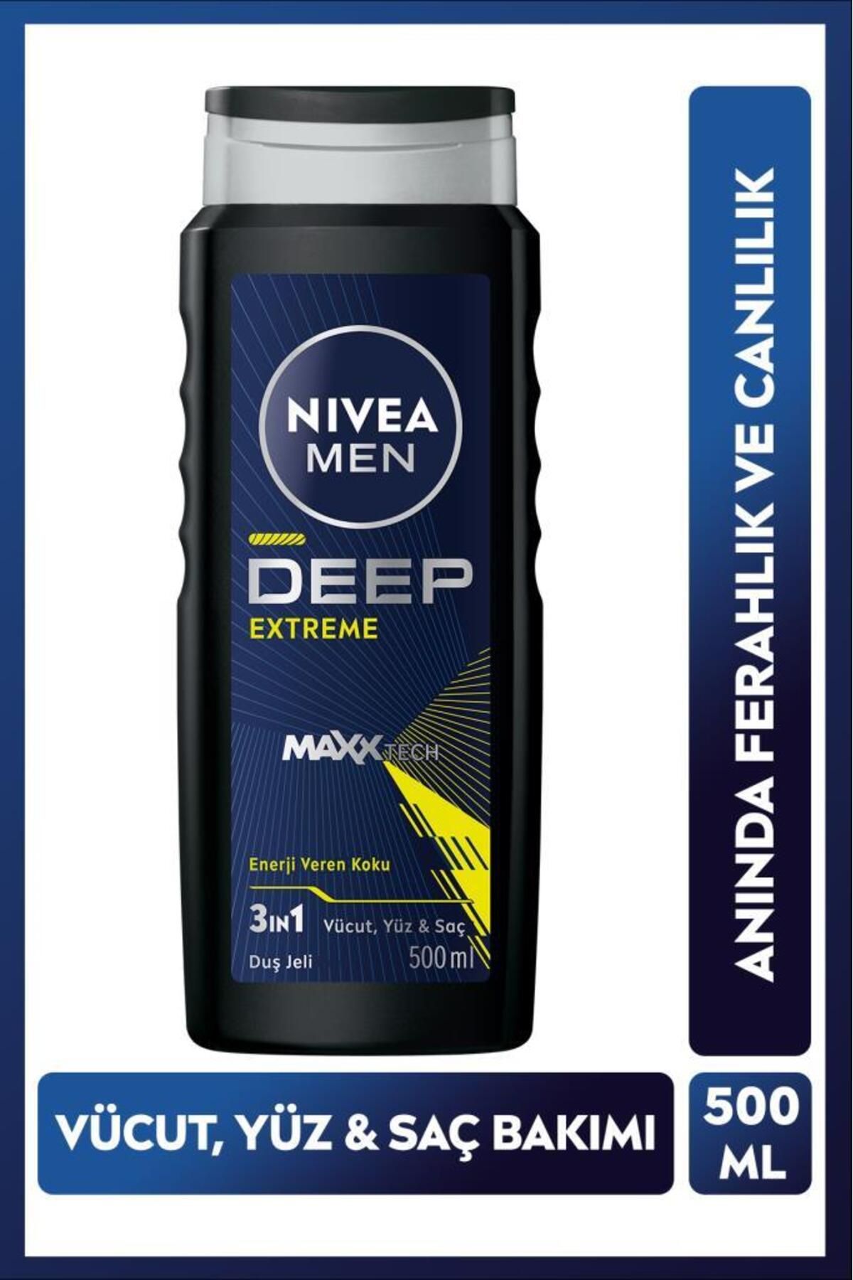 NIVEA Men Erkek Deep Extreme Duş Jeli 500ml, 3'ü 1 Arada Komple Bakım, Vücut Saç Ve Yüz, Enerji Veren Koku