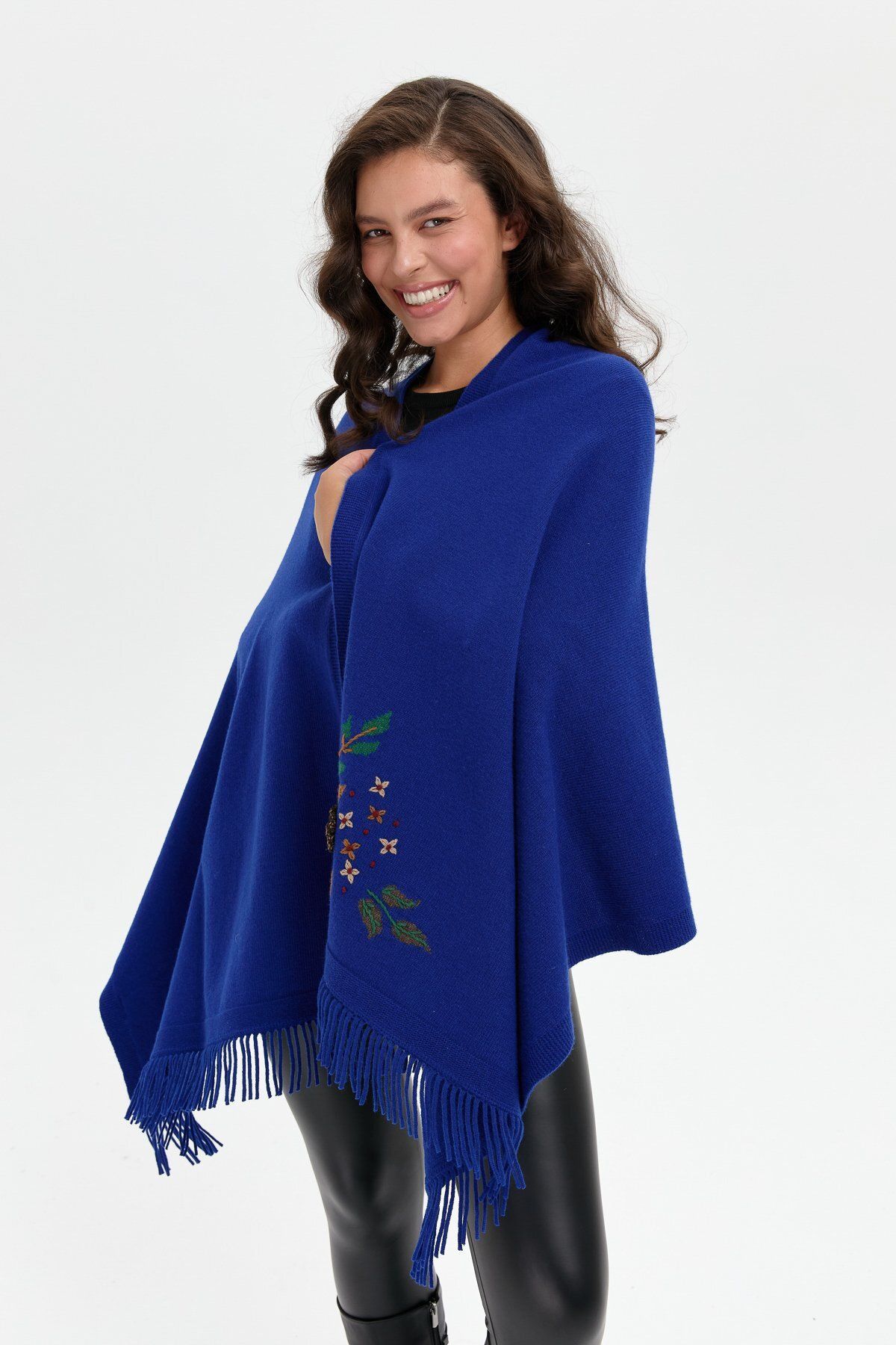 Desen Triko-Daisy Embroidered and Tasseled Women's Wool Shawl - Saxe Blue 6