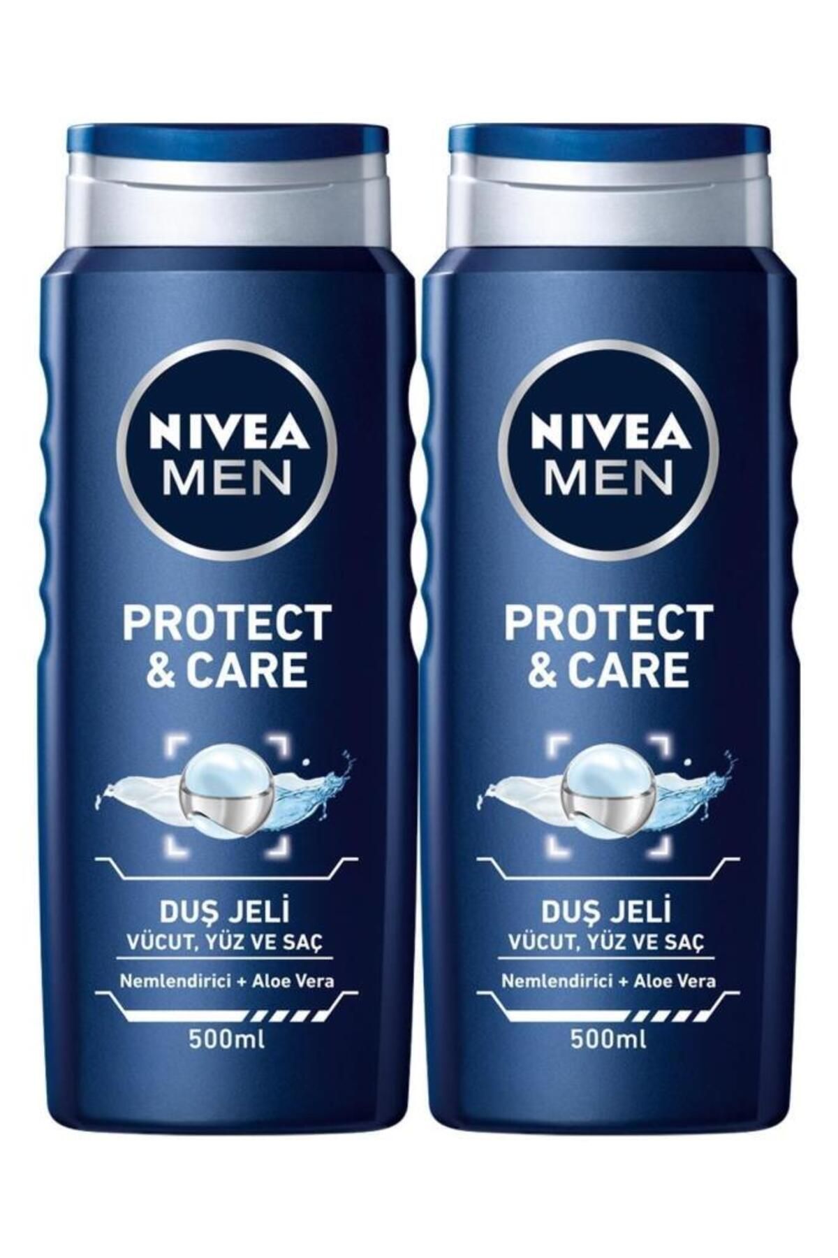 NIVEA MEN Erkek Duş Jeli Protect & Care 500ml, Aloe Vera, Derinlemesine Temizlik, Vücut Saç Yüz, X2 Adet