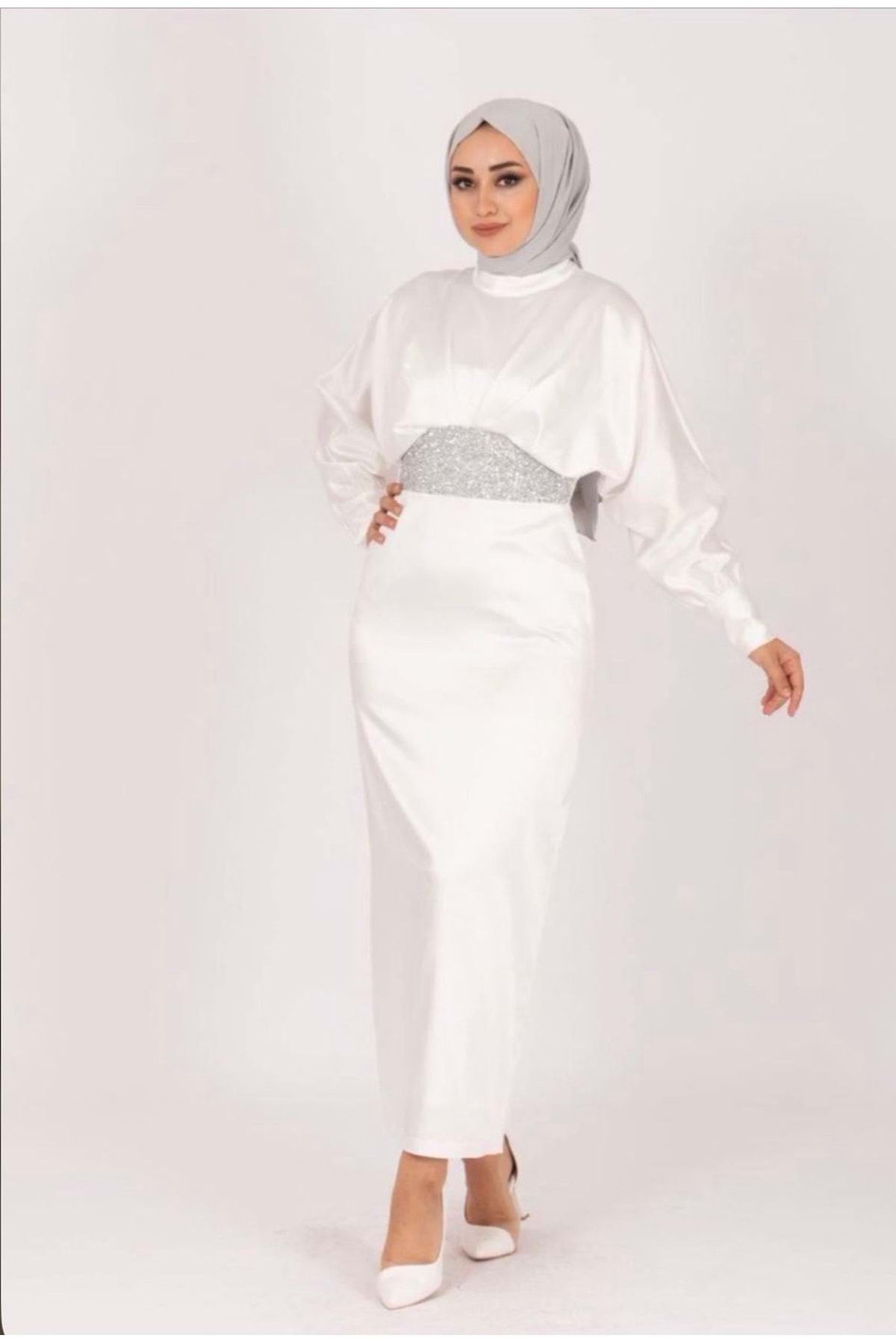 Stilife-24y4930 - White Satin Dress, Bat Sleeve and Jewelled Waist Design - 42 1