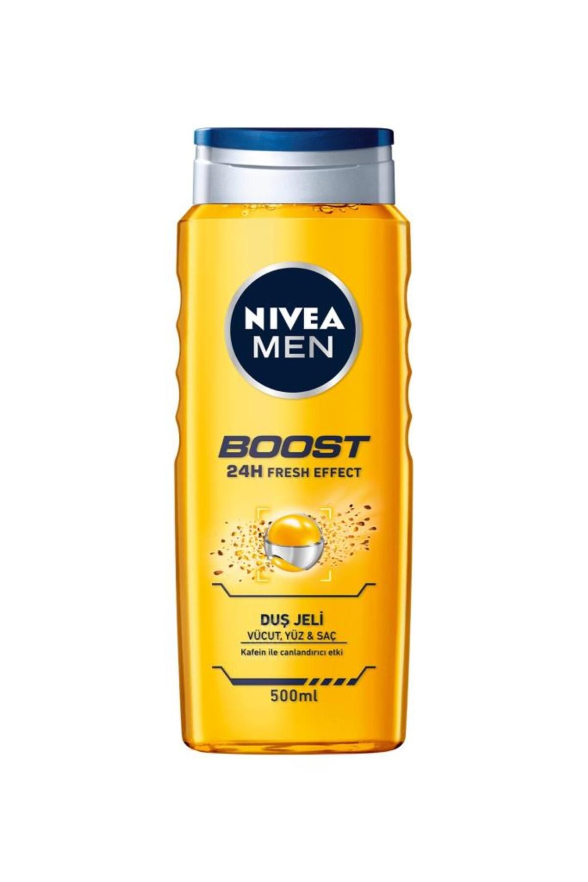 NIVEA MEN Erkek Duş Jeli Boost 500ml, Vücut Yüz Saç, Nane Özleri, Kafein ile Canlandırıcı, Erkeksi Koku