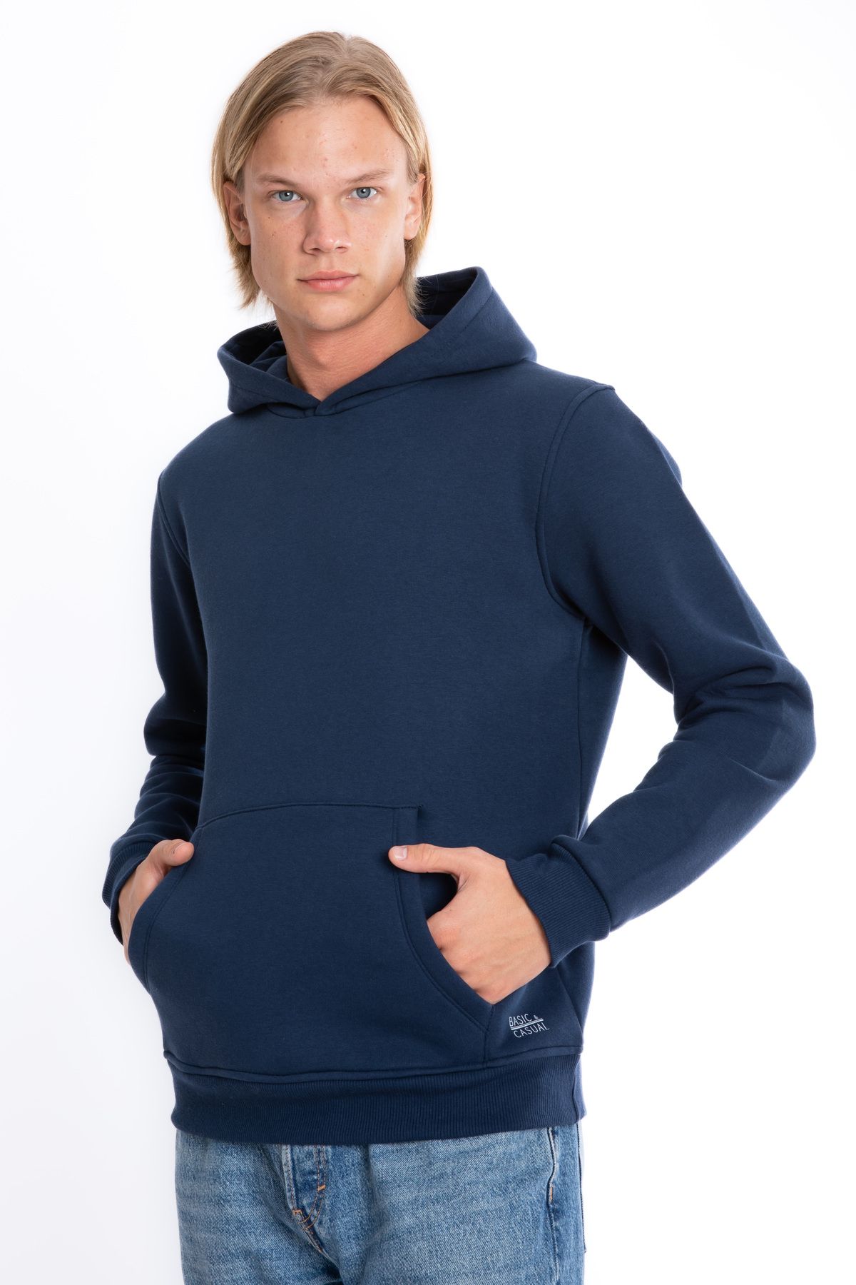 Giyimod Erkek LACİVERT Kapüşonlu Kanguru Cepli 3 iplik Şardonlu Polarlı Sweatshirt S-204