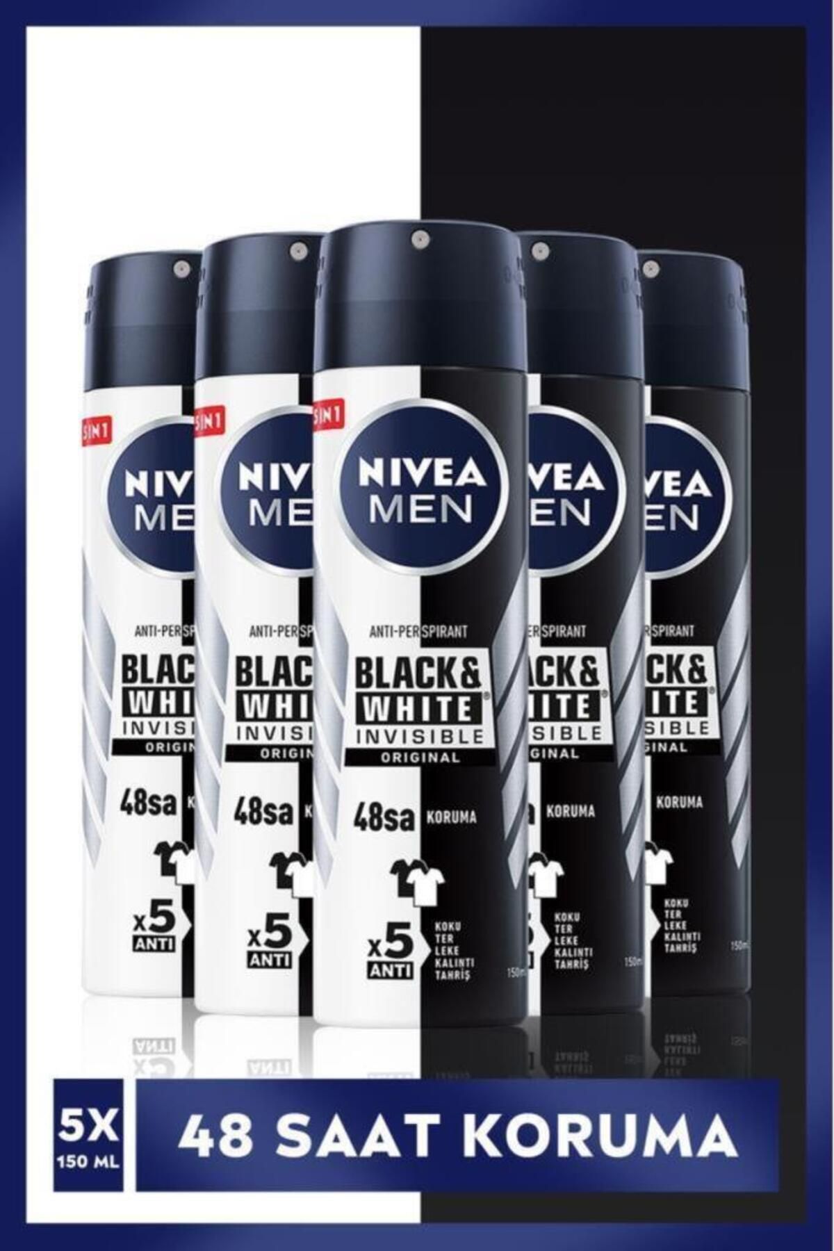 NIVEA MEN Erkek Sprey Deodorant Black&White Invisible Original 150ml, 72Saat Anti-perspirant Koruma,X5Adet