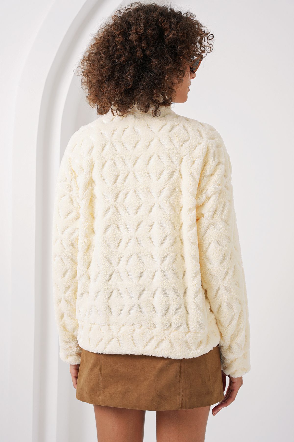 Bigdart-55444 Zippered Plush Jacket - Ecru 6