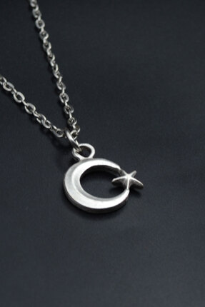 Had Safha Minimal Ay Yıldız Gümüş Kaplama Unisex Düz Zincir Kolye kod 920