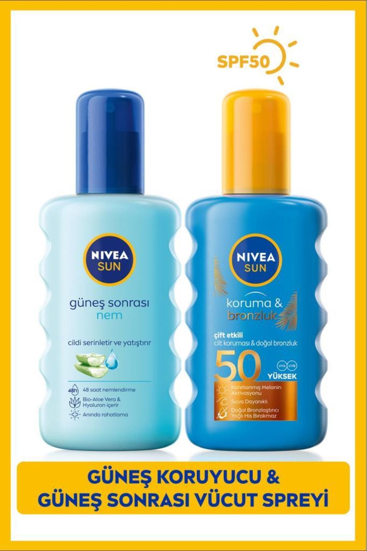 NIVEA SUN Nemlendirici Güneş Sonrası Spreyi 200ml, Yüksek Koruma ve Bronzluk Güneş Spreyi SPF50 200ml