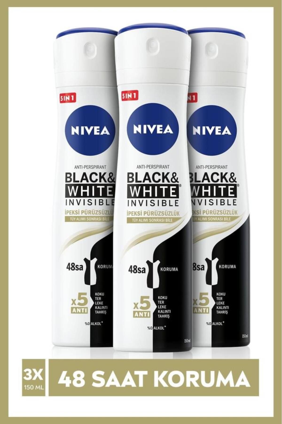 NIVEA Kadın Sprey Deodorant Black&white Invisible Ipeksi Pürüzsüzlük 150ml, 48 Saat Koruma, X3 Adet