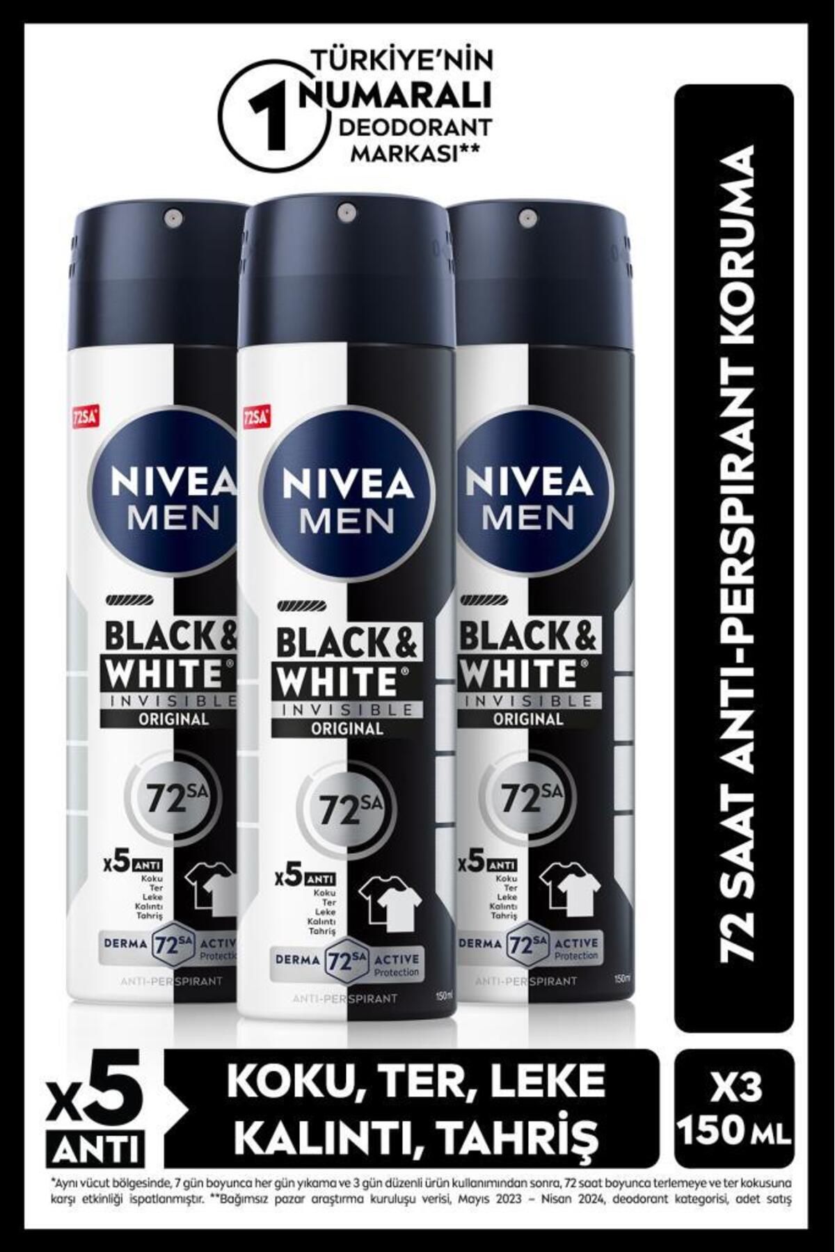 NIVEA MEN Erkek Sprey Deodorant Black&White Invisible Original 150ml, 72 Saat Anti-perspirant, X3 Adet