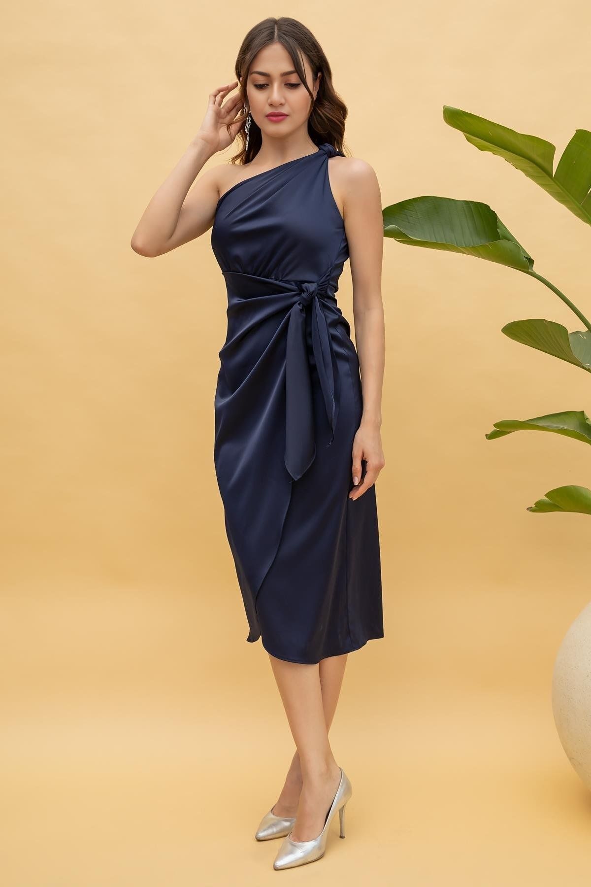 lovebox-Shiny Satin Midi Evening Dress - Single Shoulder with Sash Detail, STP-003 2