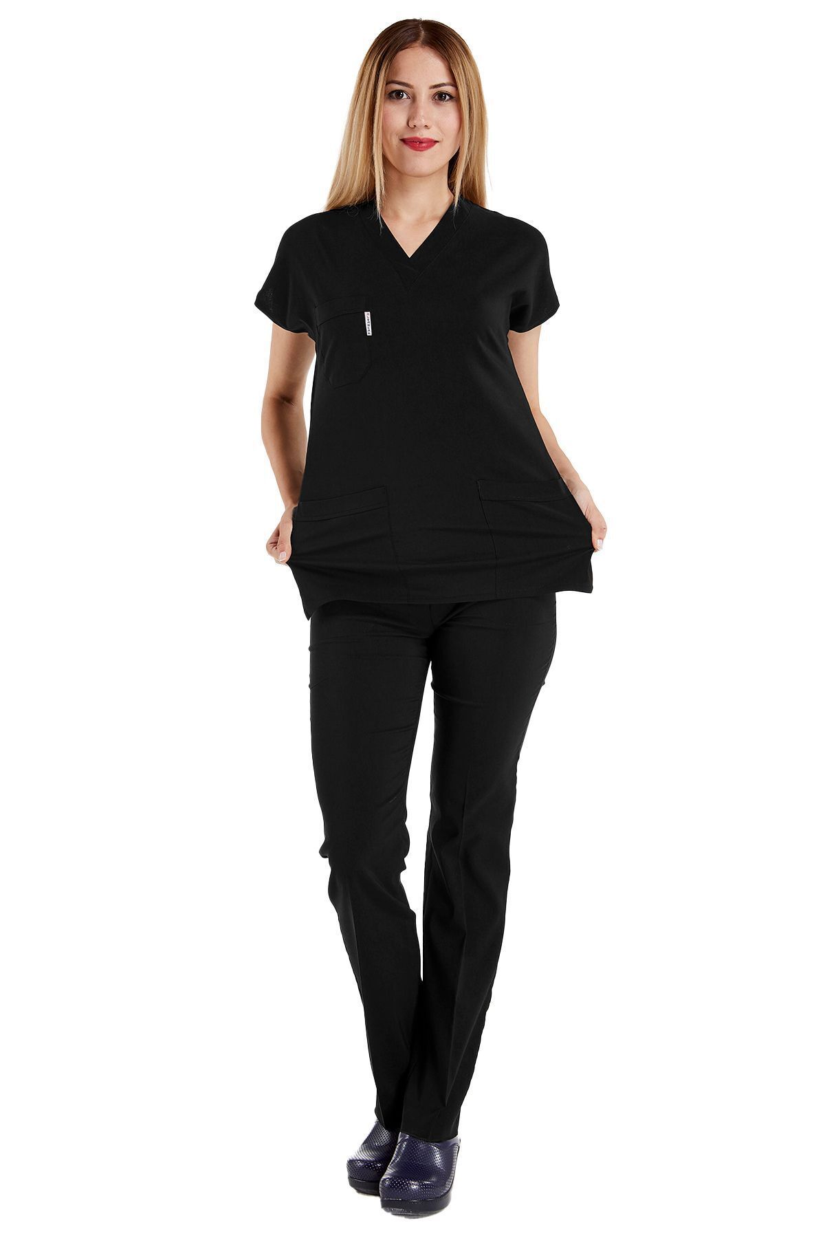 Alsancak Üniforma-Μαύρο Lycra Fine Fabric Scrubs Doctor Nurse Τζέρσεϊ χειρουργική στολή με νυχτερίδα 5