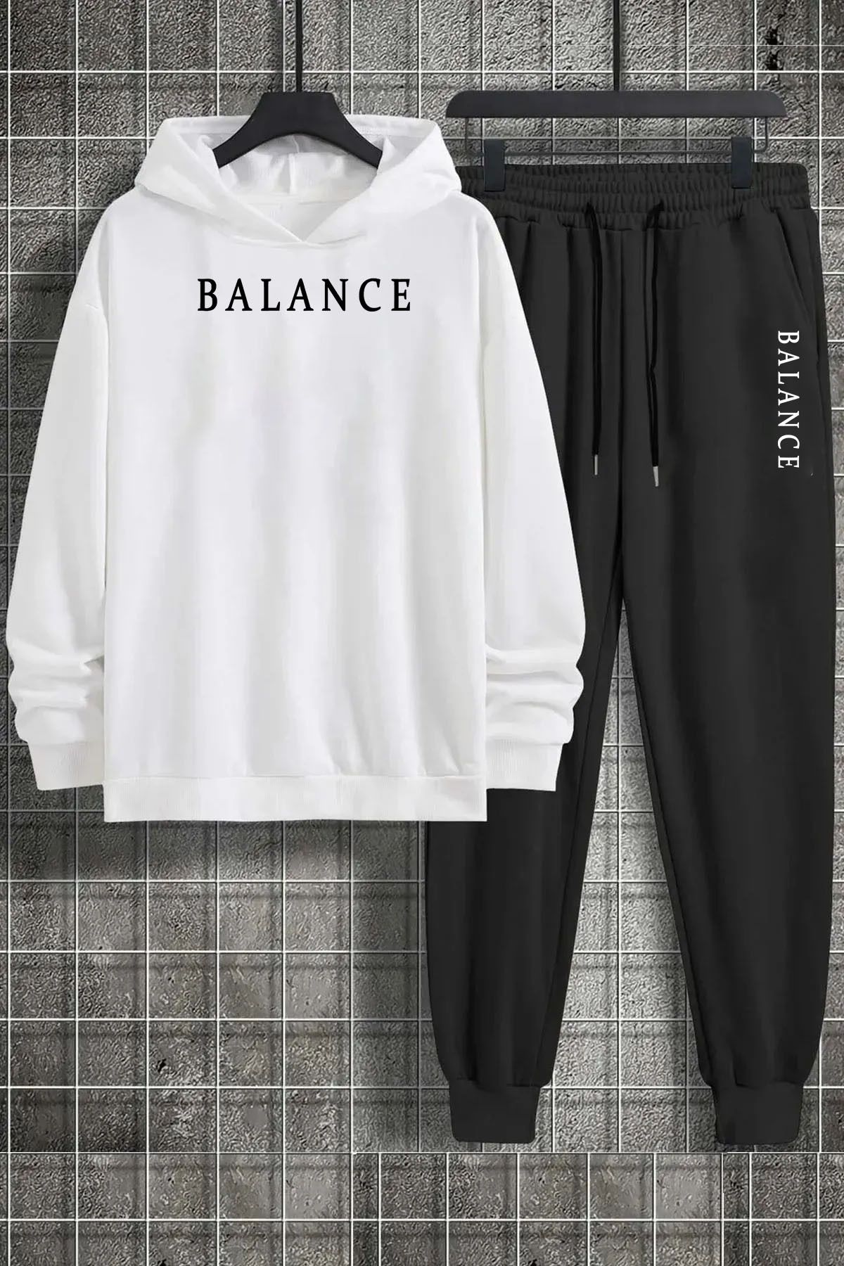 BALANCE ön baskılı kapşonlu oversize beyaz sweatshirt ve siyah eşofman alt üst takımı