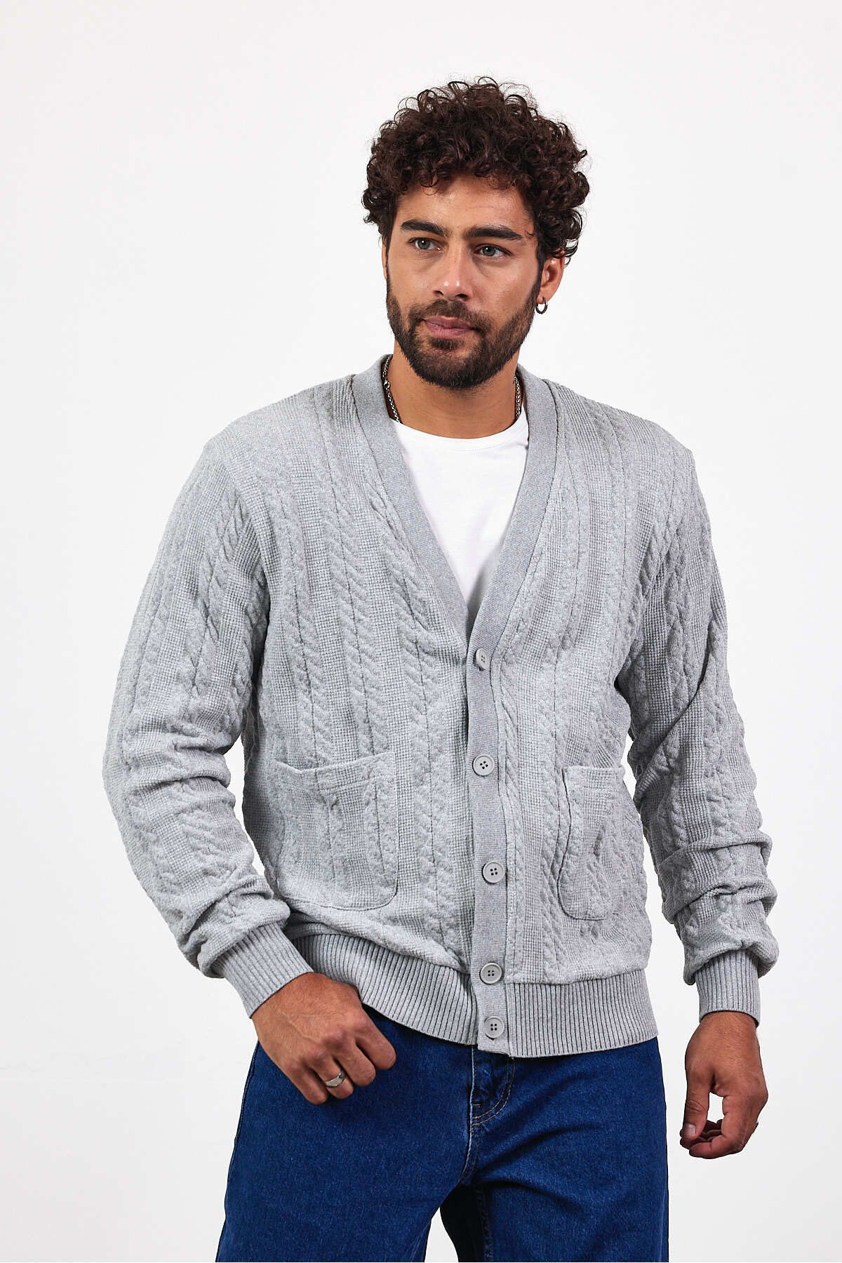 MADZEYMODA-Ανδρική πλεκτή ζακέτα με κουμπιά γκρι πλεκτή ζακέτα Mz89916 1