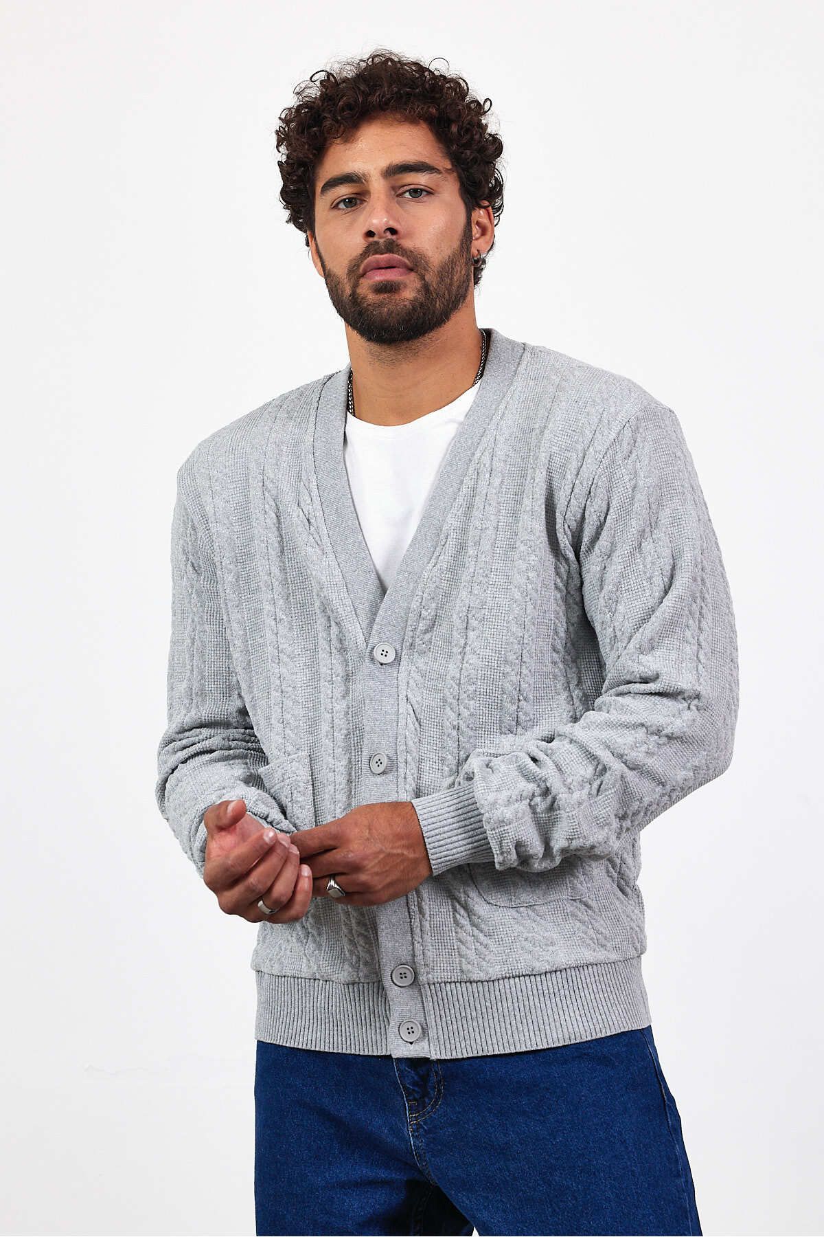 MADZEYMODA-Ανδρική πλεκτή ζακέτα με κουμπιά γκρι πλεκτή ζακέτα Mz89916 4