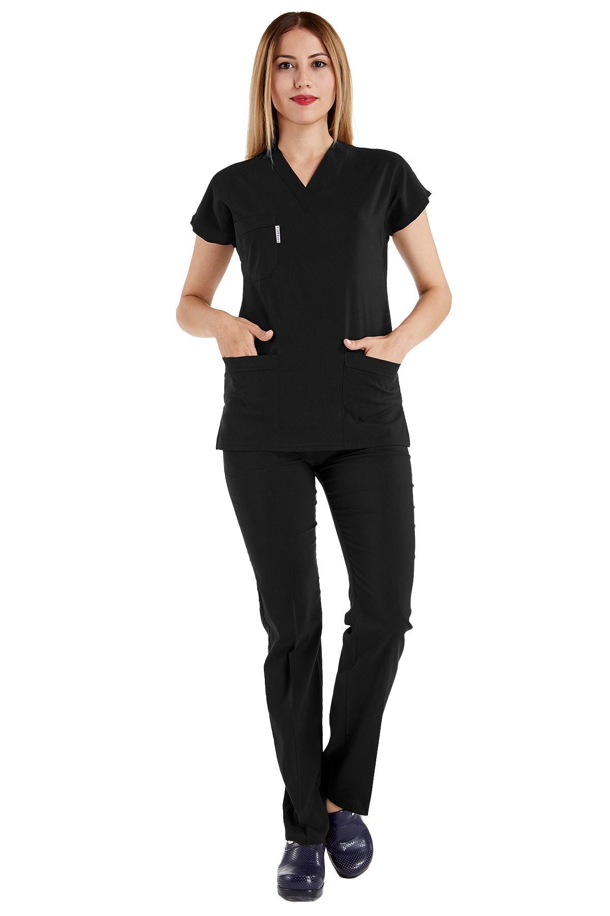 Alsancak Üniforma-Μαύρο Lycra Fine Fabric Scrubs Doctor Nurse Τζέρσεϊ χειρουργική στολή με νυχτερίδα 3