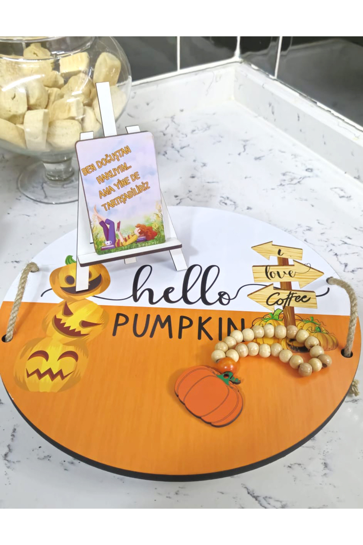 Ahşap Hello Pumpkin Yazılı Sunum Tepsisi Sunumluk 10 Adet Ahşap Motto Kart 2