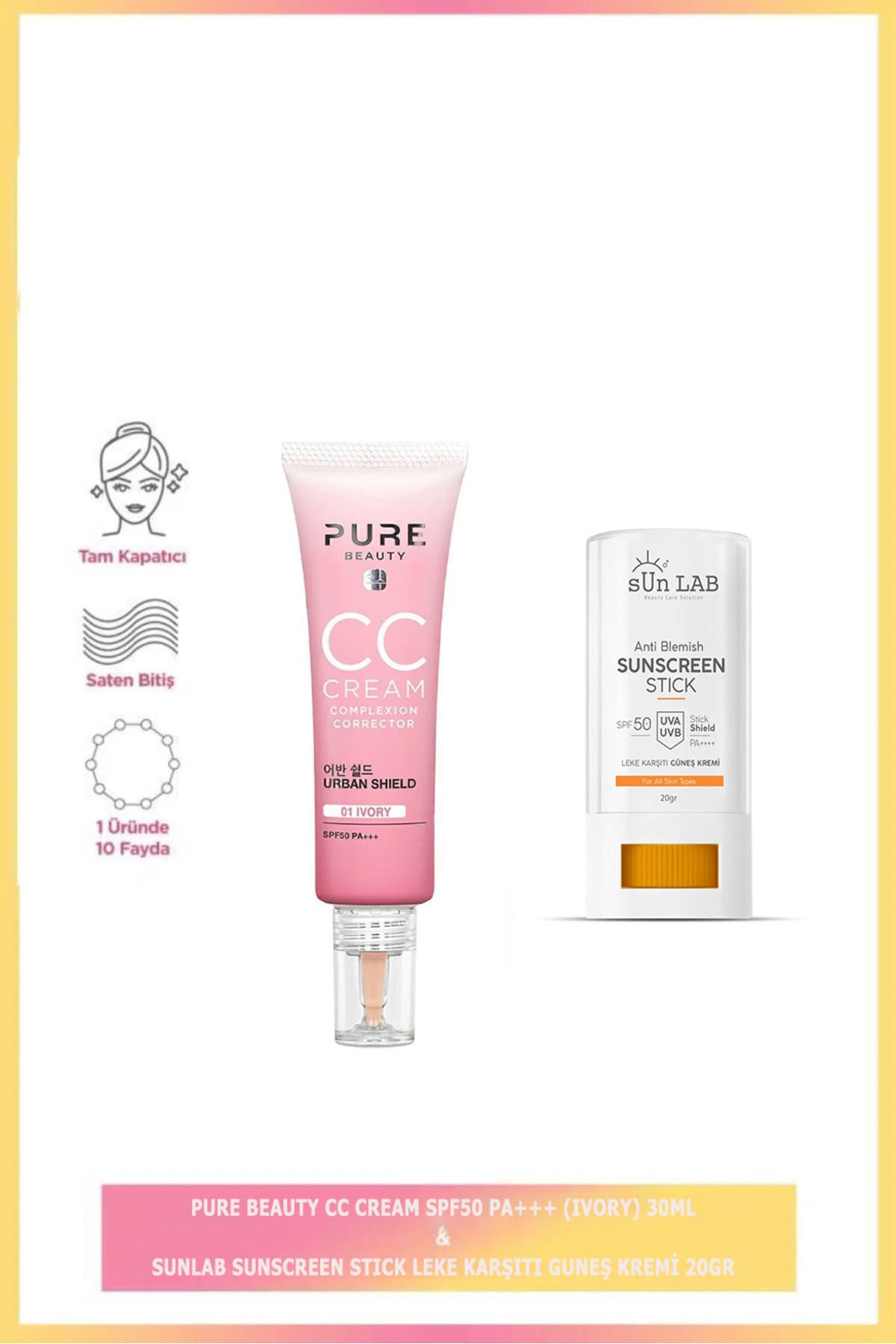 PURE BEAUTY Cc Krem Spf50 Pa Ivory 30 ml + Sunlab Anti Blemish Sunscreen Stick Pa++++ 20gr