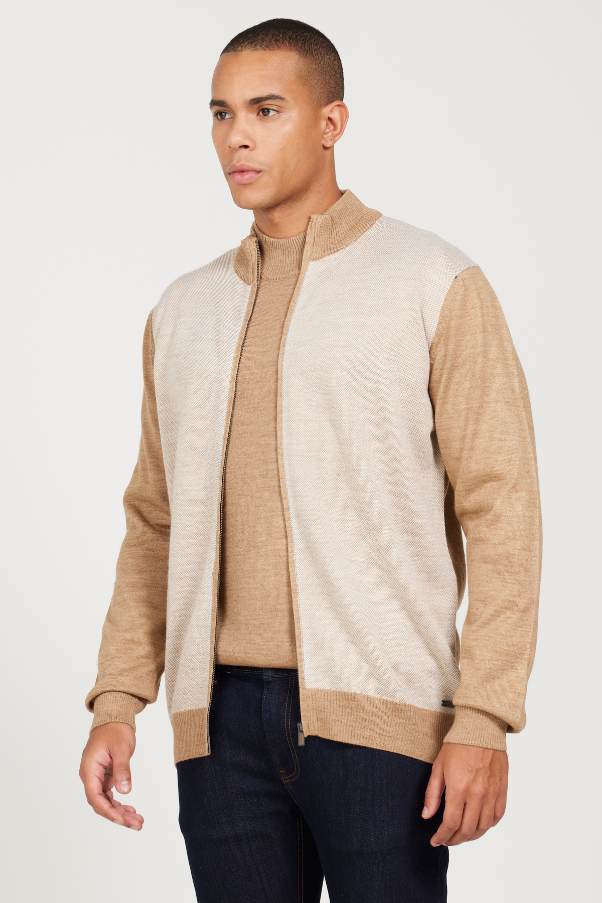 Erkek Bej Melanj-ekru Yünlü Standart Fit Normal Kesim Dik Yaka Triko Hırka