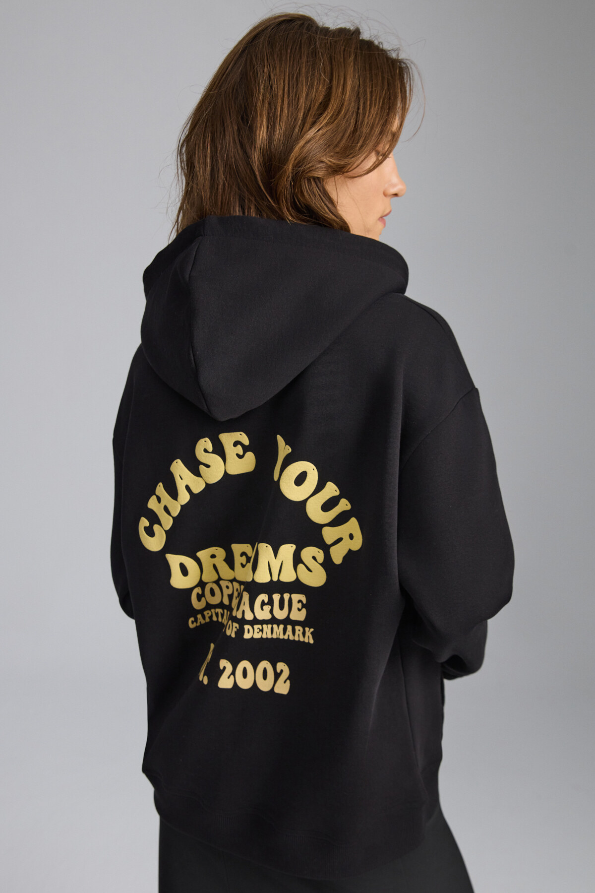 GRIMELANGE  Leılany Kadın 3 Iplik Içi Şardonlu Sırt Baskı Detaylı Regular Kapüşonlu Siyah Sweatshirt - Görsel 6