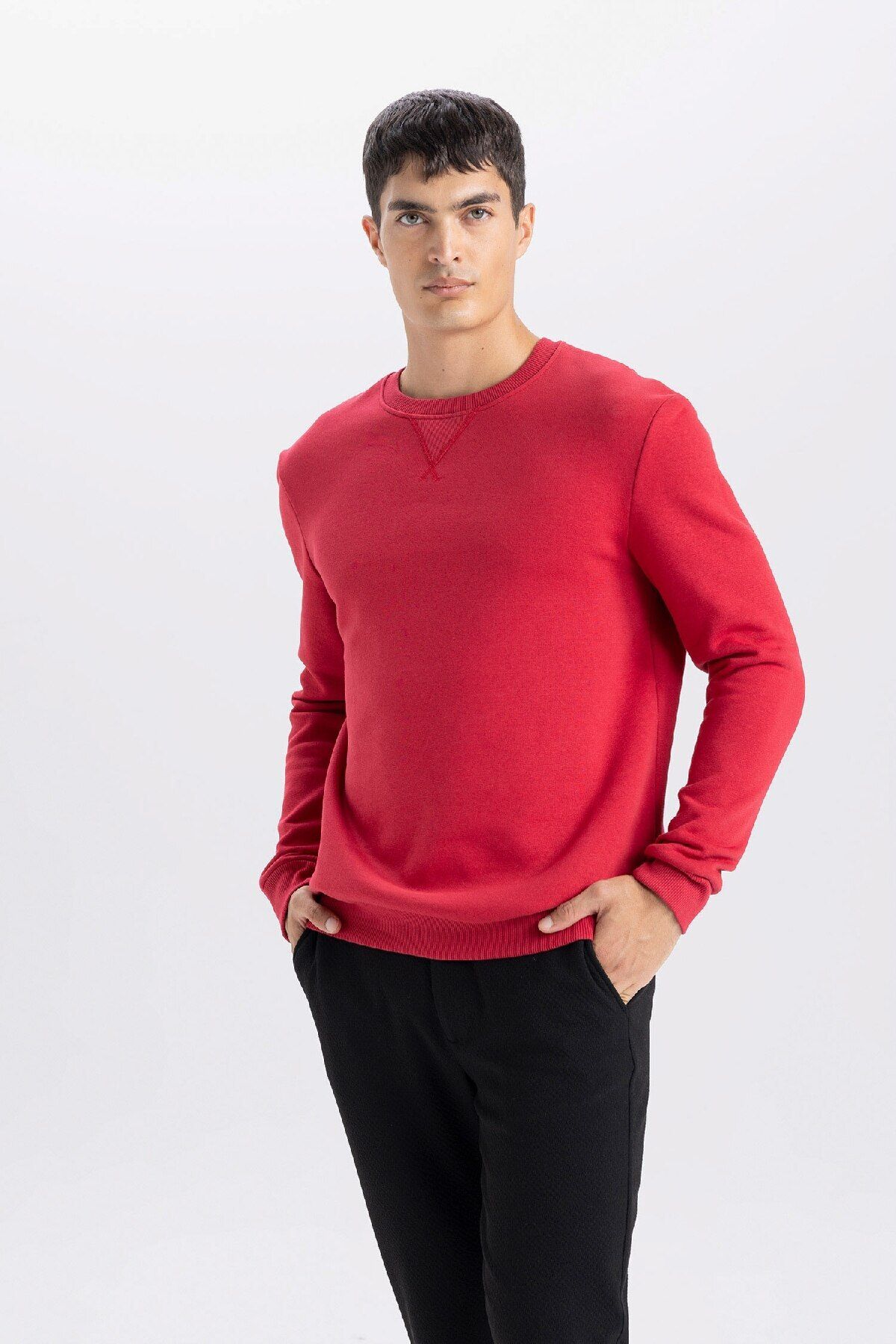 DeFacto-Red Regular Fit Crew Neck Thick Basic Plain Sweatshirt T3777Az24Au 3