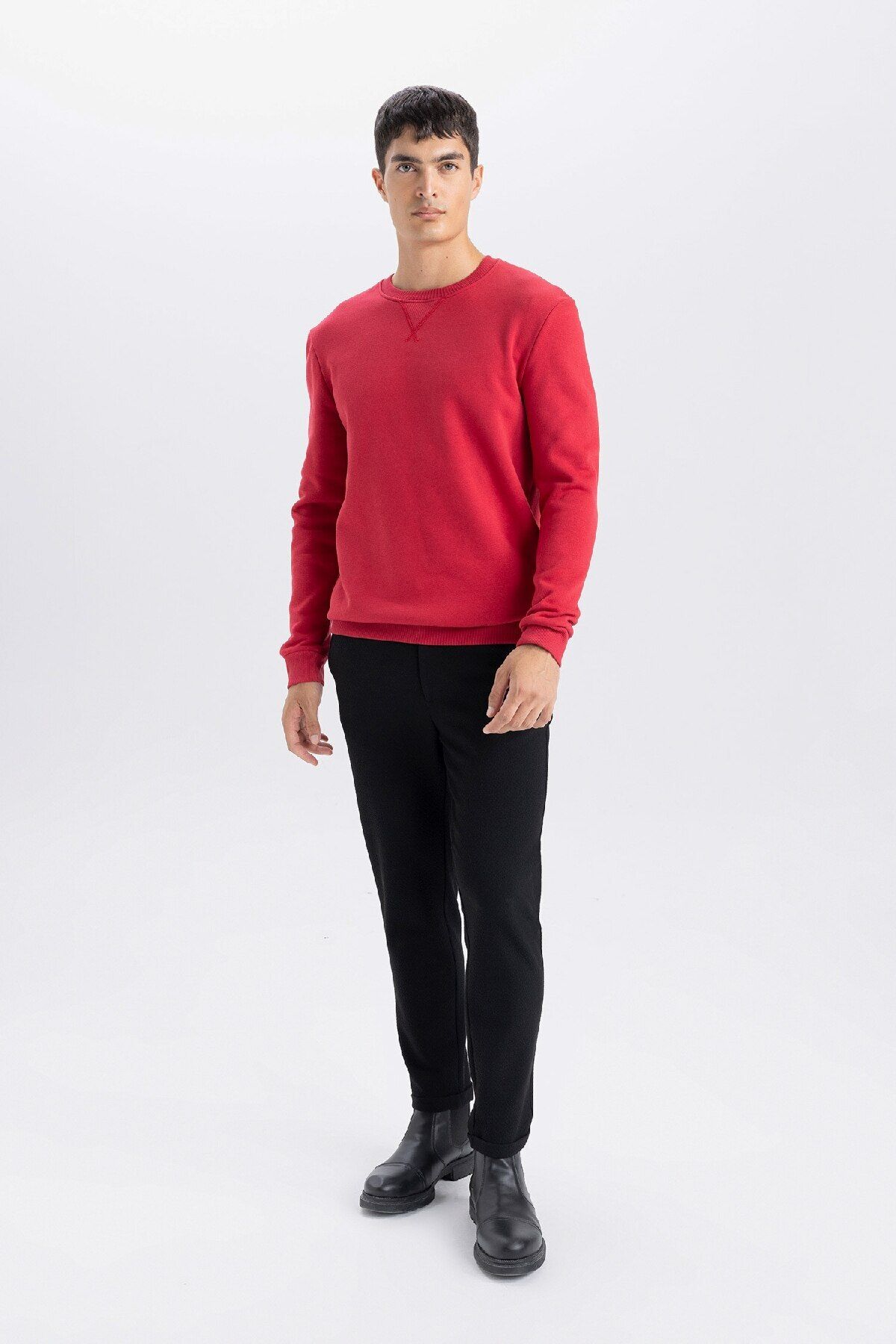 DeFacto-Red Regular Fit Crew Neck Thick Basic Plain Sweatshirt T3777Az24Au 2