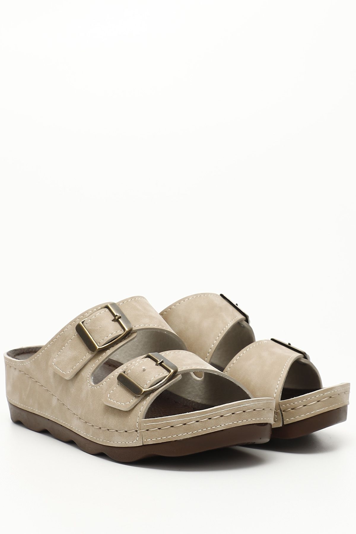 GÖNDERİ(R)-Beige Gön Buckle Wedge Sole Women's Daily Slippers 34054 3