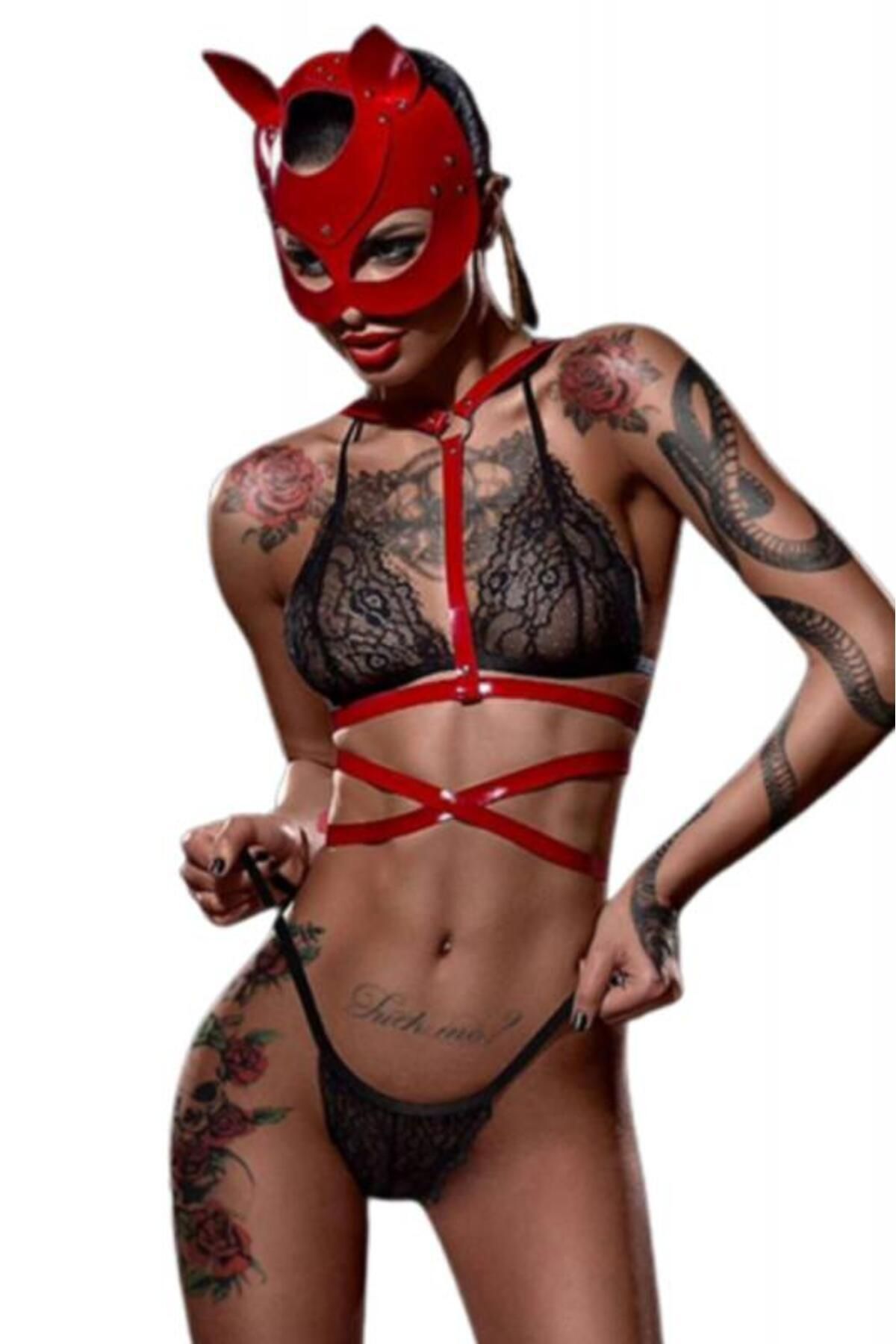 Loe Tiessi-Women's Red Cat Masked Leather Harness Sexy Fancy Night Costume 1