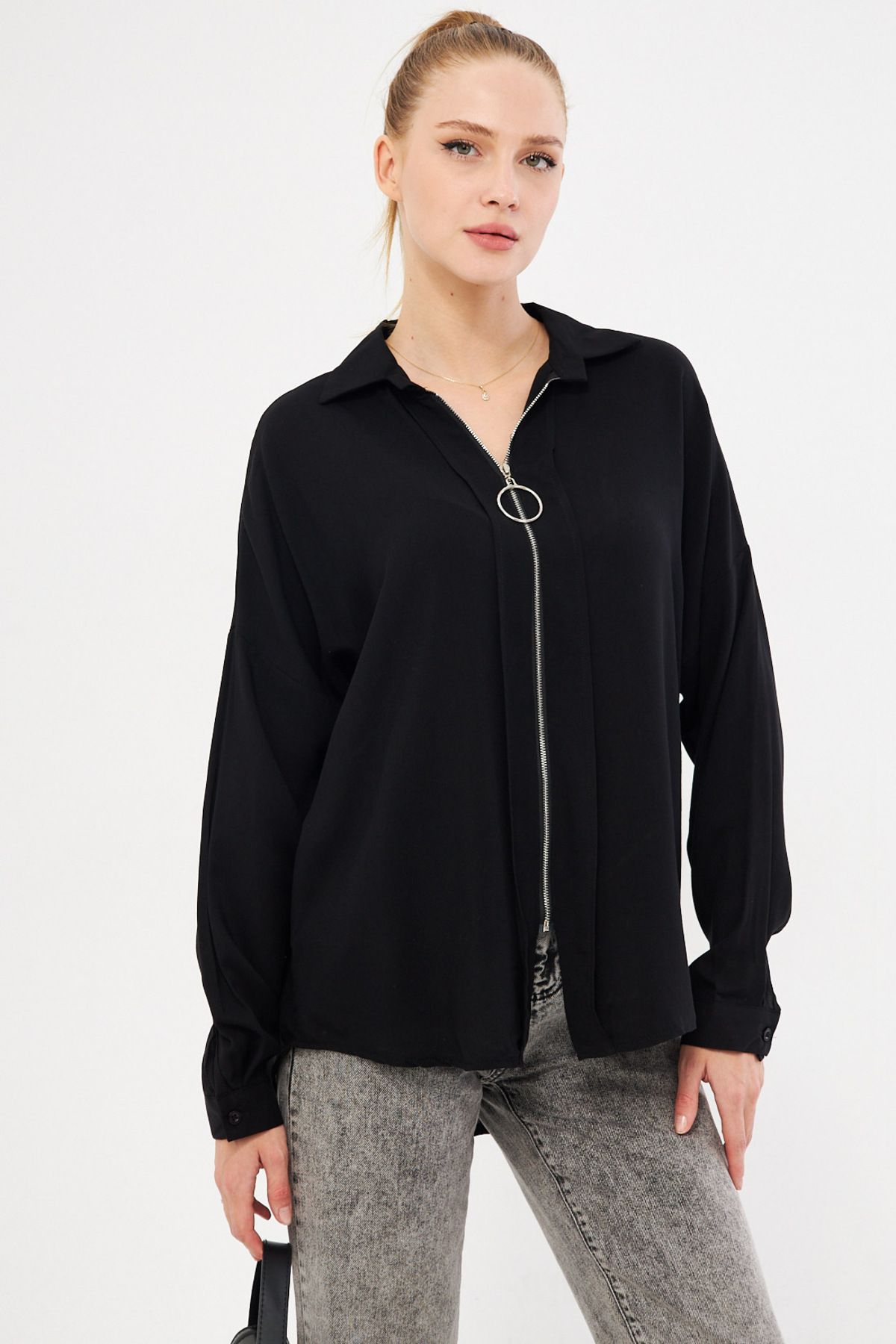 armonika-Women's Black Front Zippered Casual Shirt ARM-21K024090 4