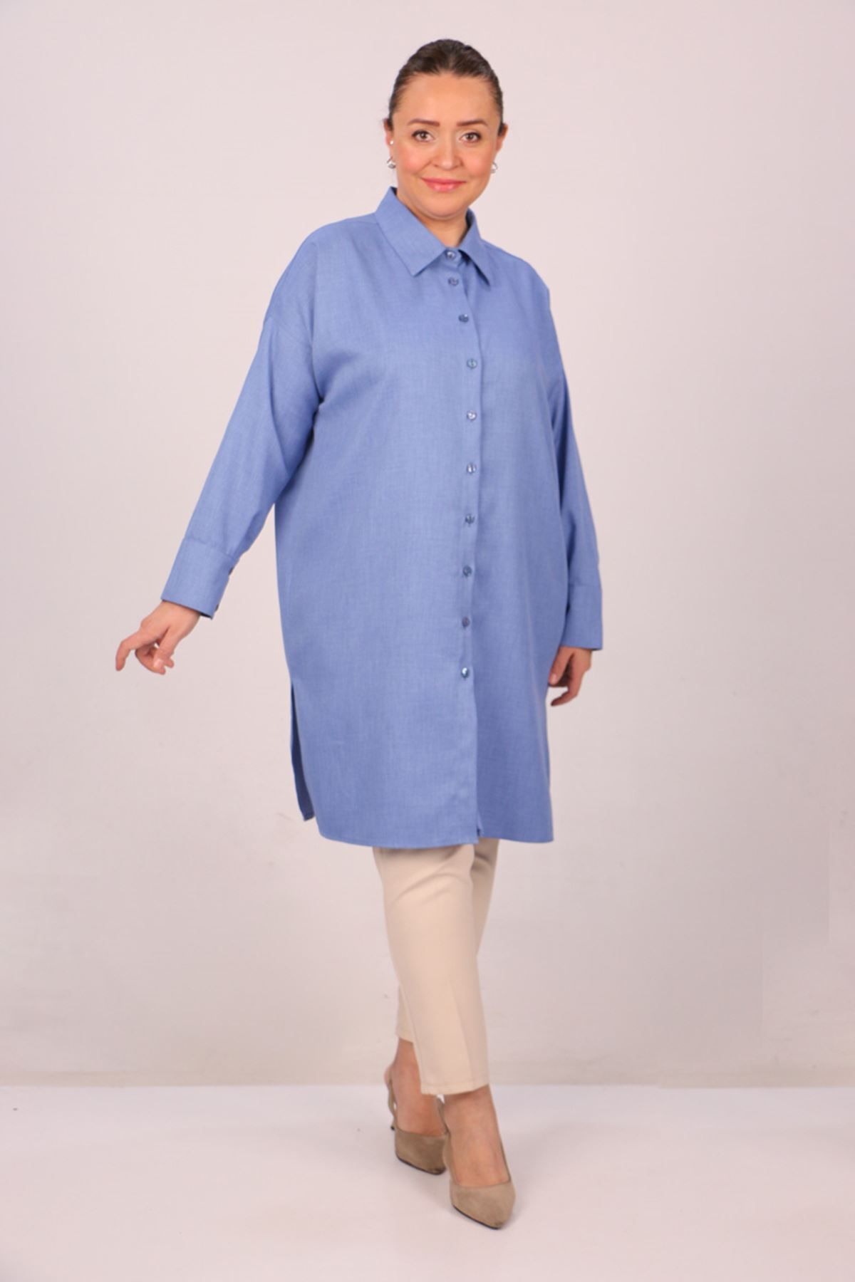 Eslina-48026 Plus Size Indigo Shirt - Low Sleeve and Woven Fabric 3