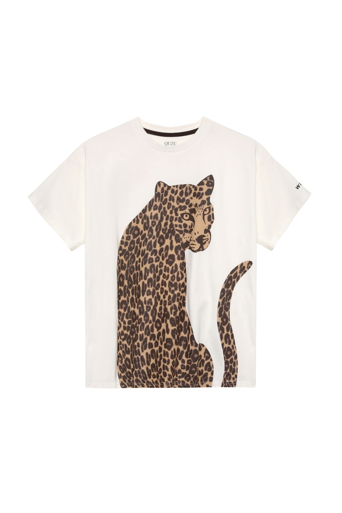 Quzu-Tricou cu mânecă scrisă cu model leopard - Ecru 2