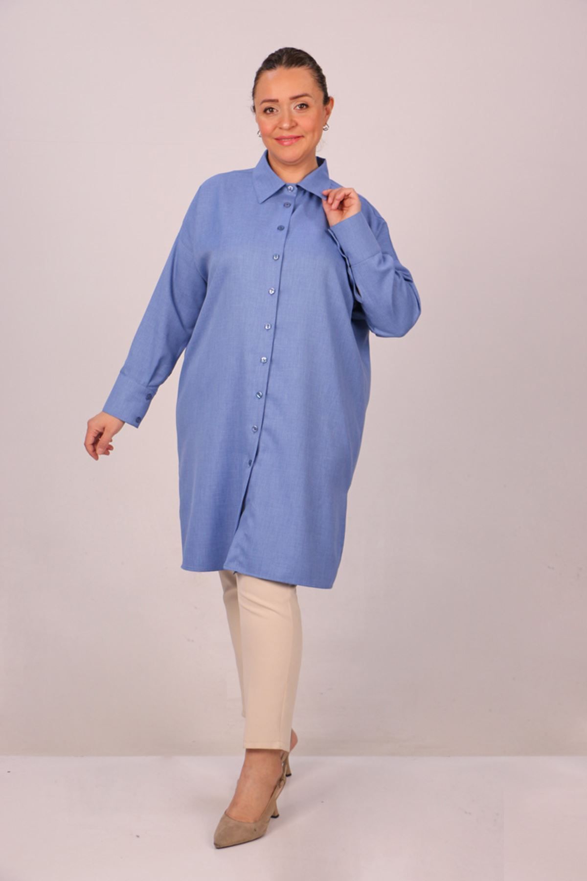 Eslina-48026 Plus Size Indigo Shirt - Low Sleeve and Woven Fabric 2