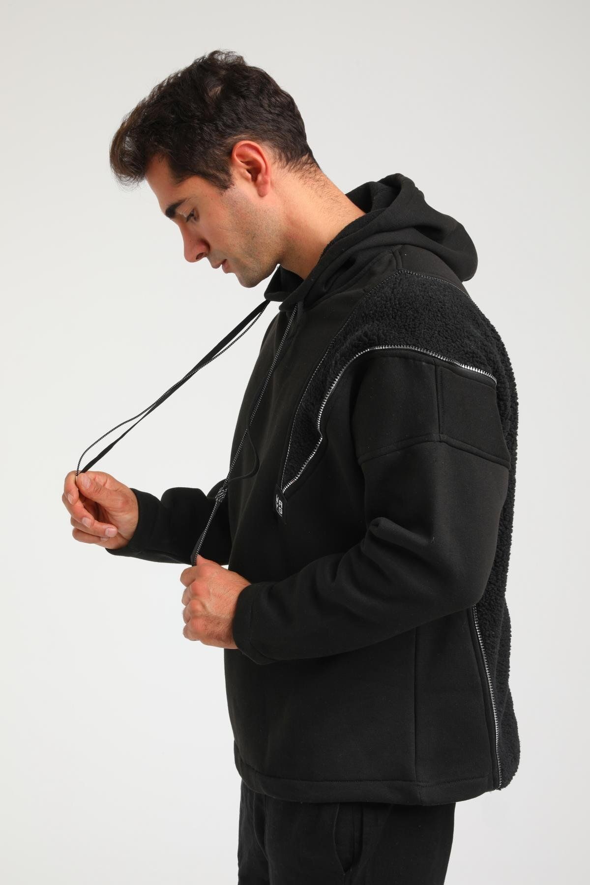 Rocqerx-R-5749 Hooded Plush Garni Zipper Detailed Three String Ribbed Sweat 4