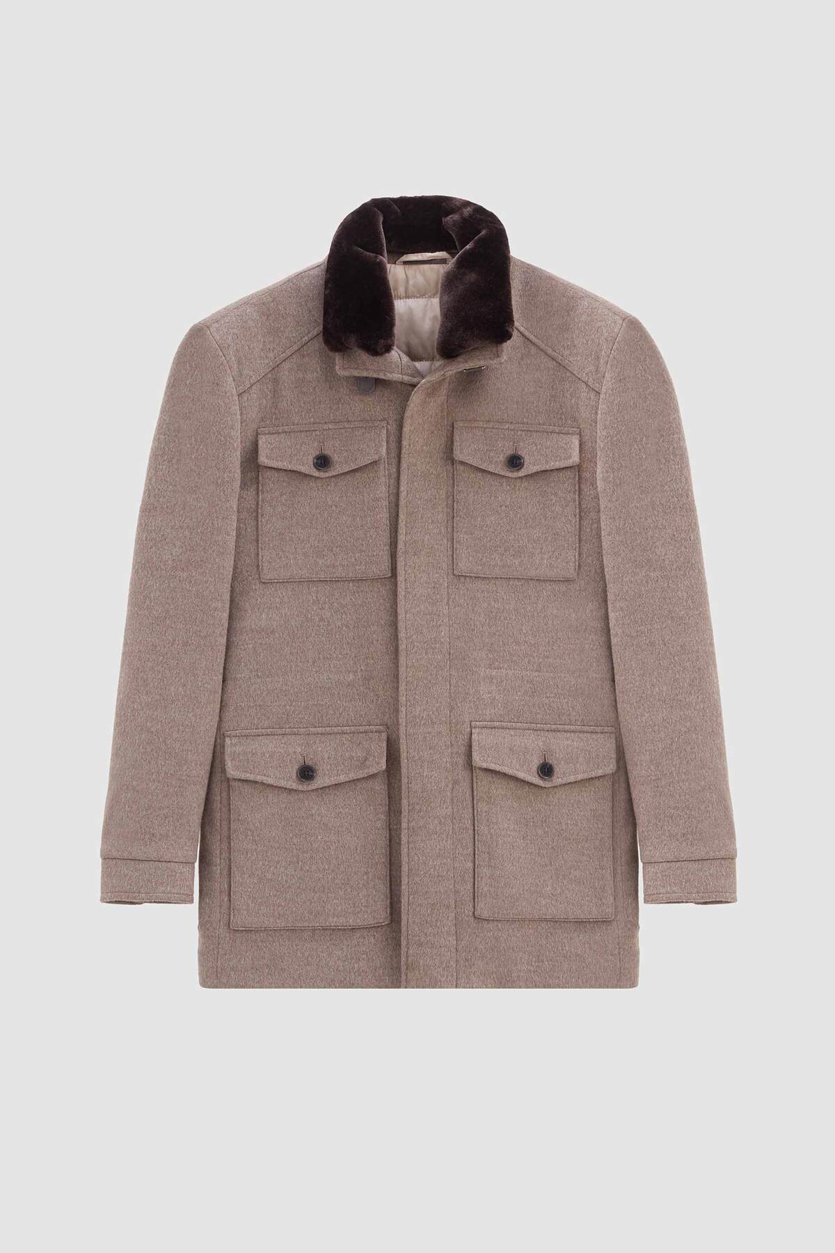 Twn Slim Fit Vizon Düz Çıkarılabilir Kürklü Kaban görsel 5