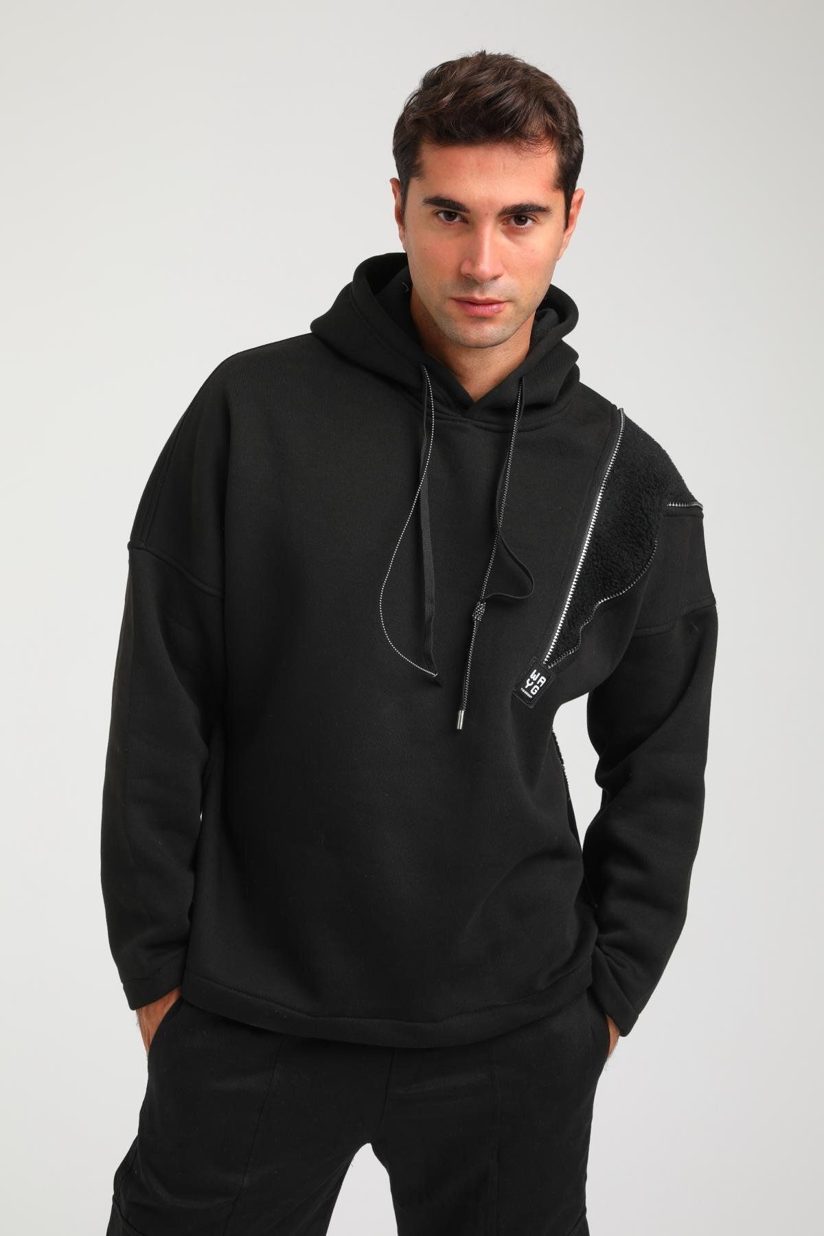 Rocqerx-R-5749 Hooded Plush Garni Zipper Detailed Three String Ribbed Sweat 1