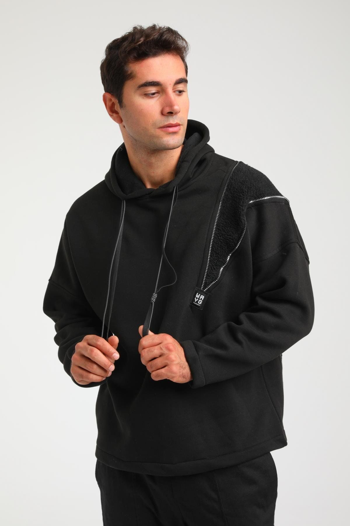 Rocqerx-R-5749 Hooded Plush Garni Zipper Detailed Three String Ribbed Sweat 2