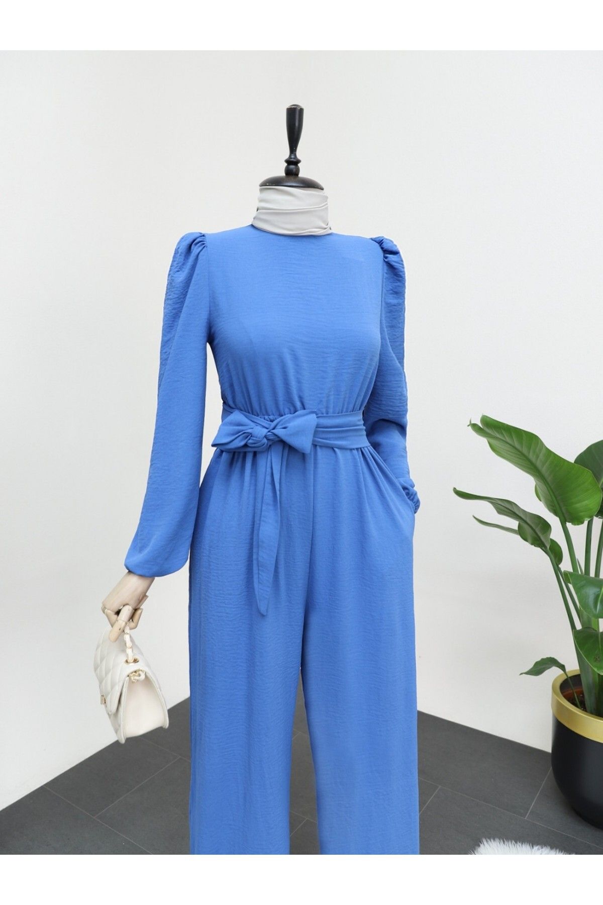 Modamorfo-Elastic Waist Jumpsuit with Stand Collar and Belted 1