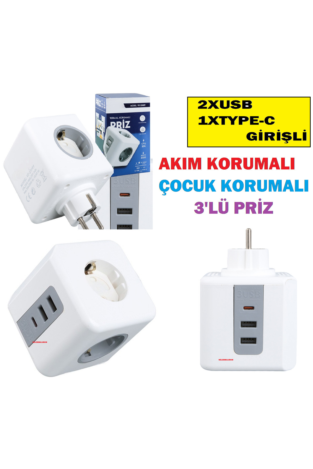 nelerbulurum 3 PRİZLİ 2 USBLİ + TYPE-C GİRİŞLİ TERMAL,AKIM KORUMALI ÇOCUK KORUMALI FİŞ PRİZ