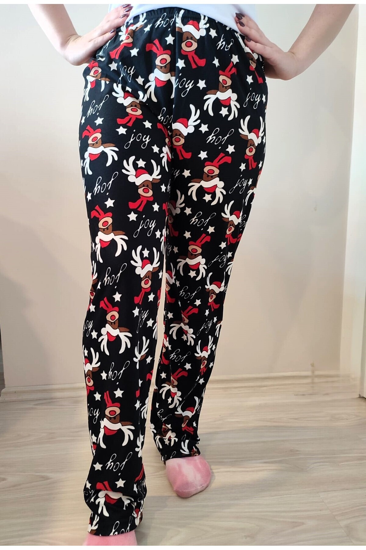 enmodaiçgiyim-Pantaloni de pijama pentru femei din piele intoarsa cu model de cerb negru 6