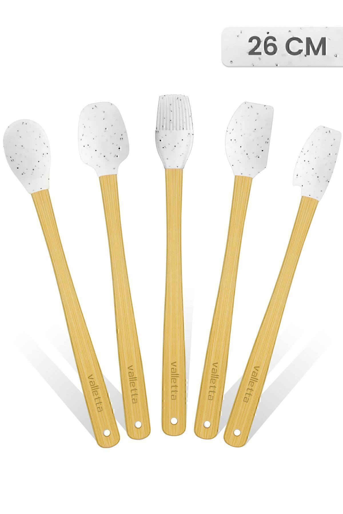 valletta Indigo 5'li Beyaz Noktalı Bambu Silikon Spatula Seti Uzun 26 Cm